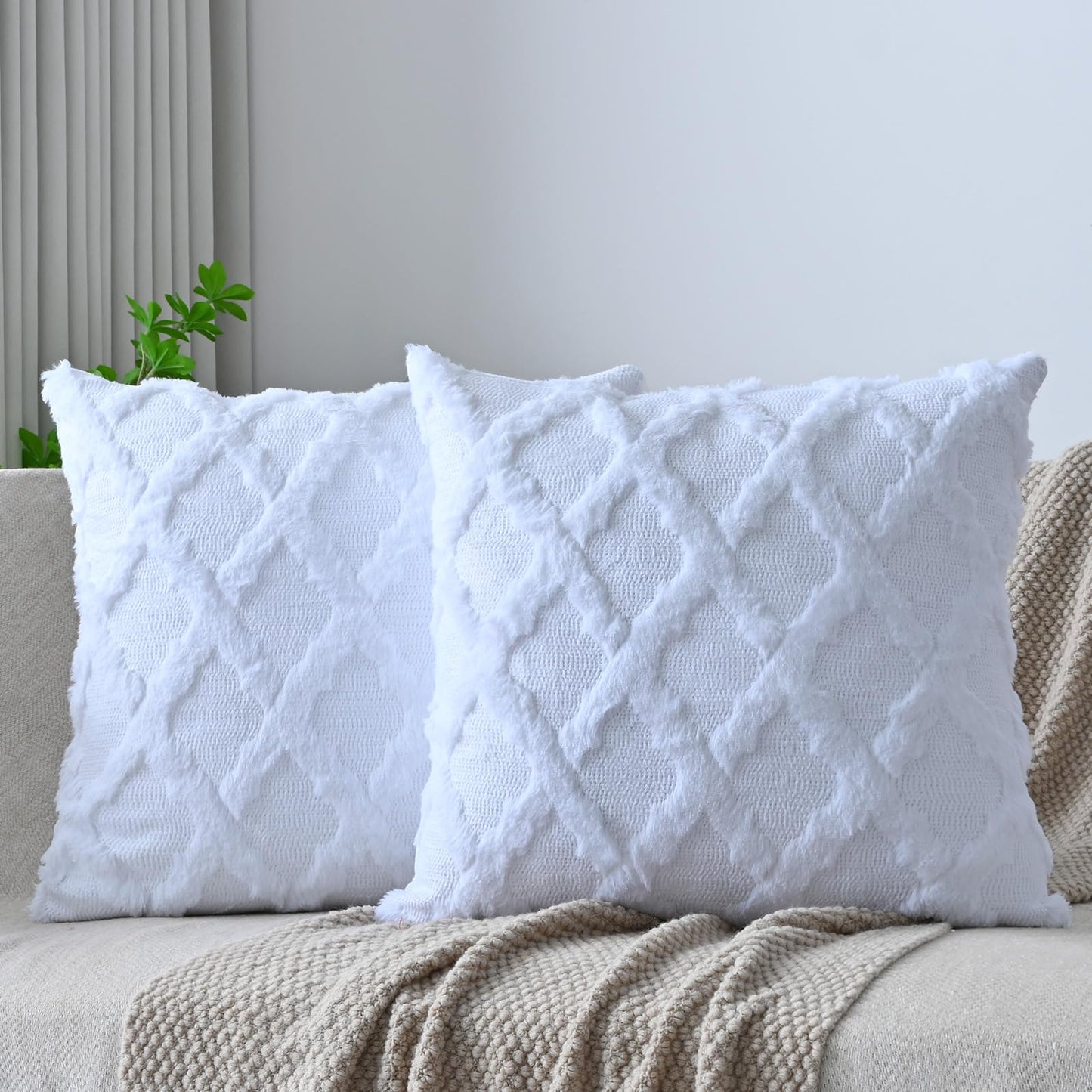Set of 2 Soft Moroccan Throw Pillow Covers 18x18 Inch Plush Boho Decorative Pillow Cover Accent Cushion Case for Couch Sofa Bed, Beige
