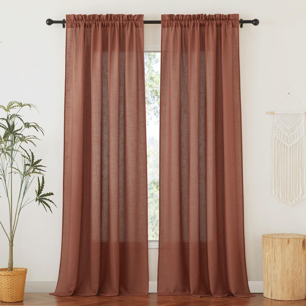 RYB HOME White Semi Sheer Curtains 84 inches Long for Living Room | Half Privacy, Linen Textured, Sheer Light Filtering, Vertical Window Drapes, for Bedroom Dining, White, W52 x L84, 2 Panels
