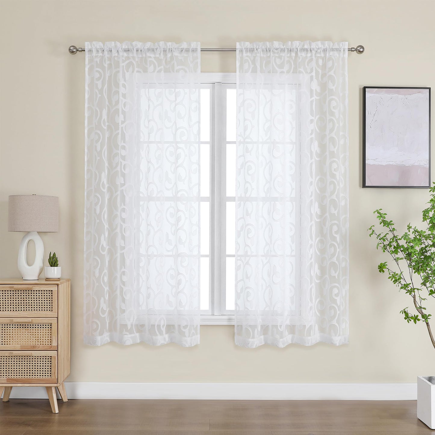 Furman Ivory Sheer Curtains 84 inches Long for Bedroom Living Room 2 Panels Set, Jacquard Clip Light Filtering Semi Sheer Curtain Rod Pocket Window Drapes, 2 Pcs Each 40 W 84 L