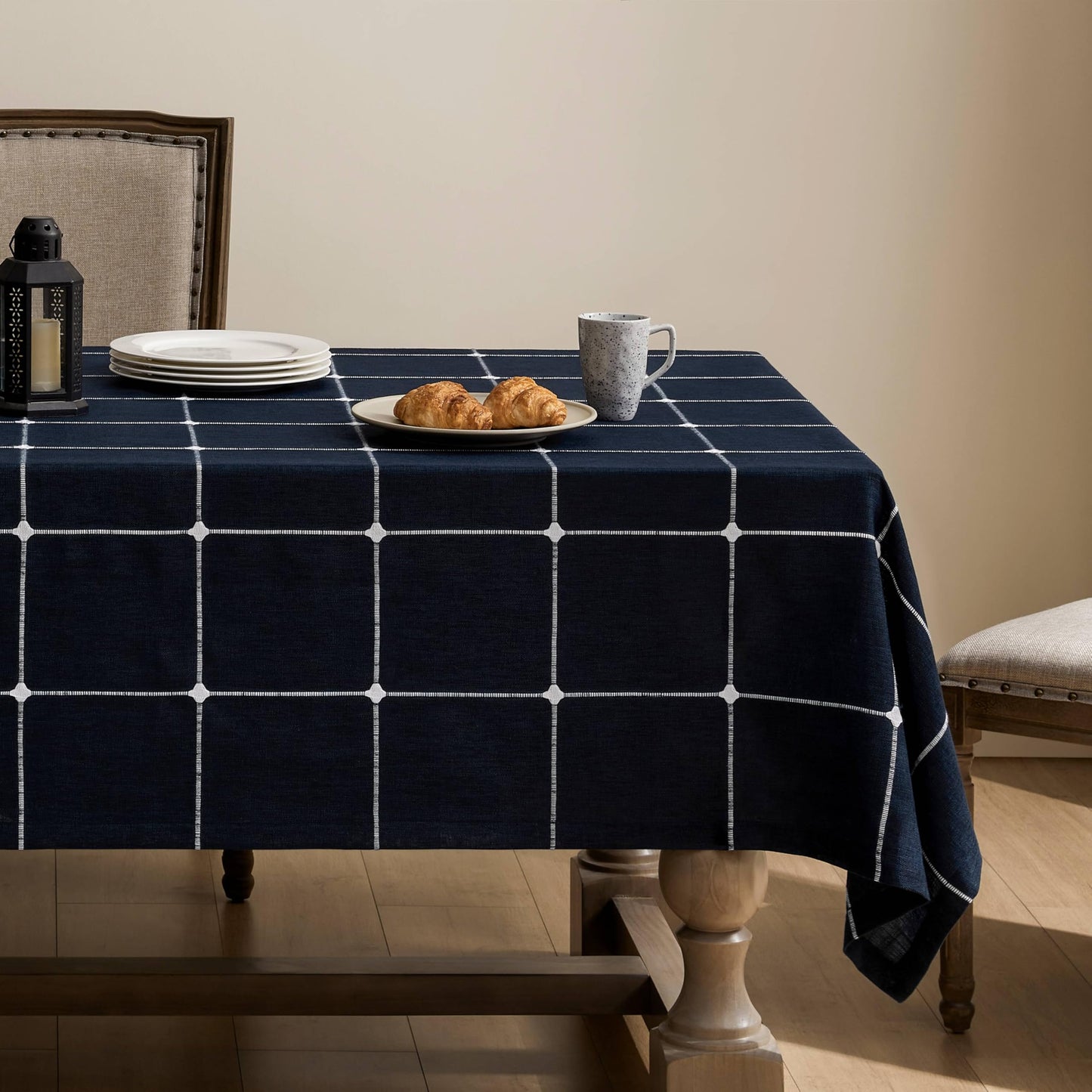 Grid Embroidered Rectangle Hemmed Tablecloths 60x120in, Blue | Heavy Weight Non-sheer Linen Fabric, Mitered Corner Finish, Water Resistant Farmhouse Table Cover, Boho Plaid Home Decor