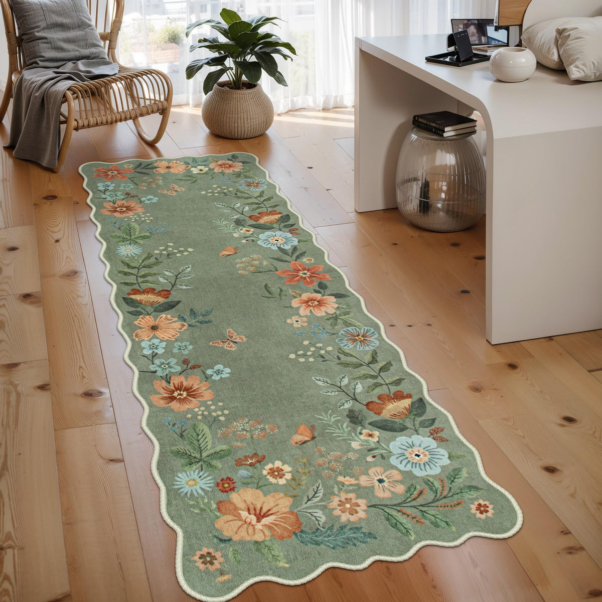Lahome Floral Washable Living Room Rug, 5x7 Area Rugs for Bedroom Soft | Dining Room Rug Ultra-Thin Non Slip Stain Resistant Boho Low-Pile Throw Carpet for Office Flore (5x7ft, Beige)