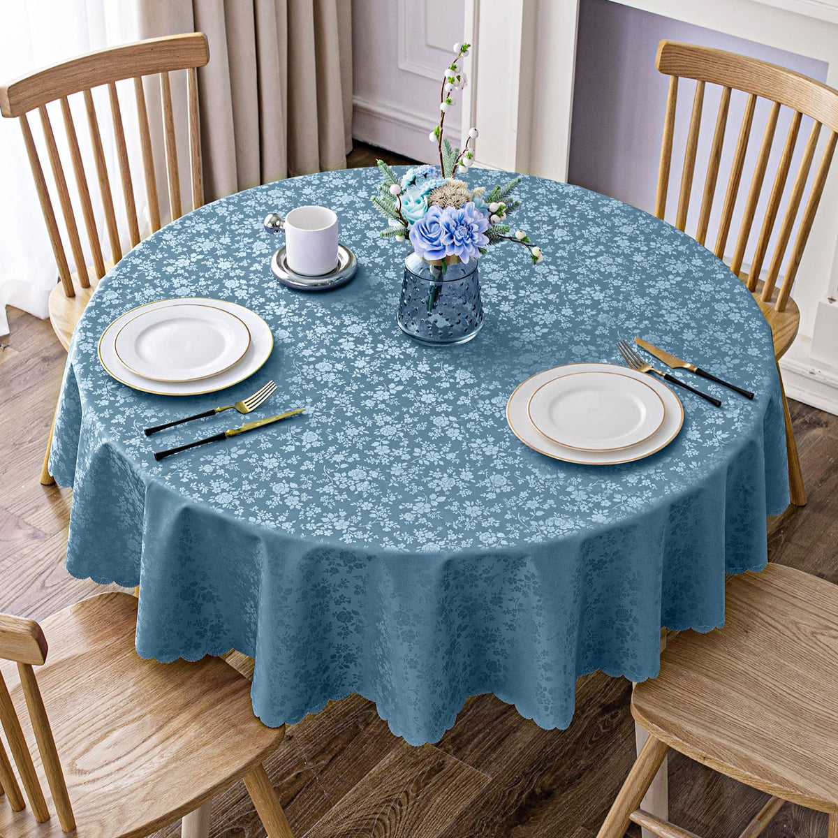 Smiry Rectangle Waterproof Heavy Duty Vinyl Tablecloths, 60 x 84 Inch | Wipeable Washable Floral Embossed Table Cover for Kitchen and Dining Room, Indoor & Outdoor Use, Beige