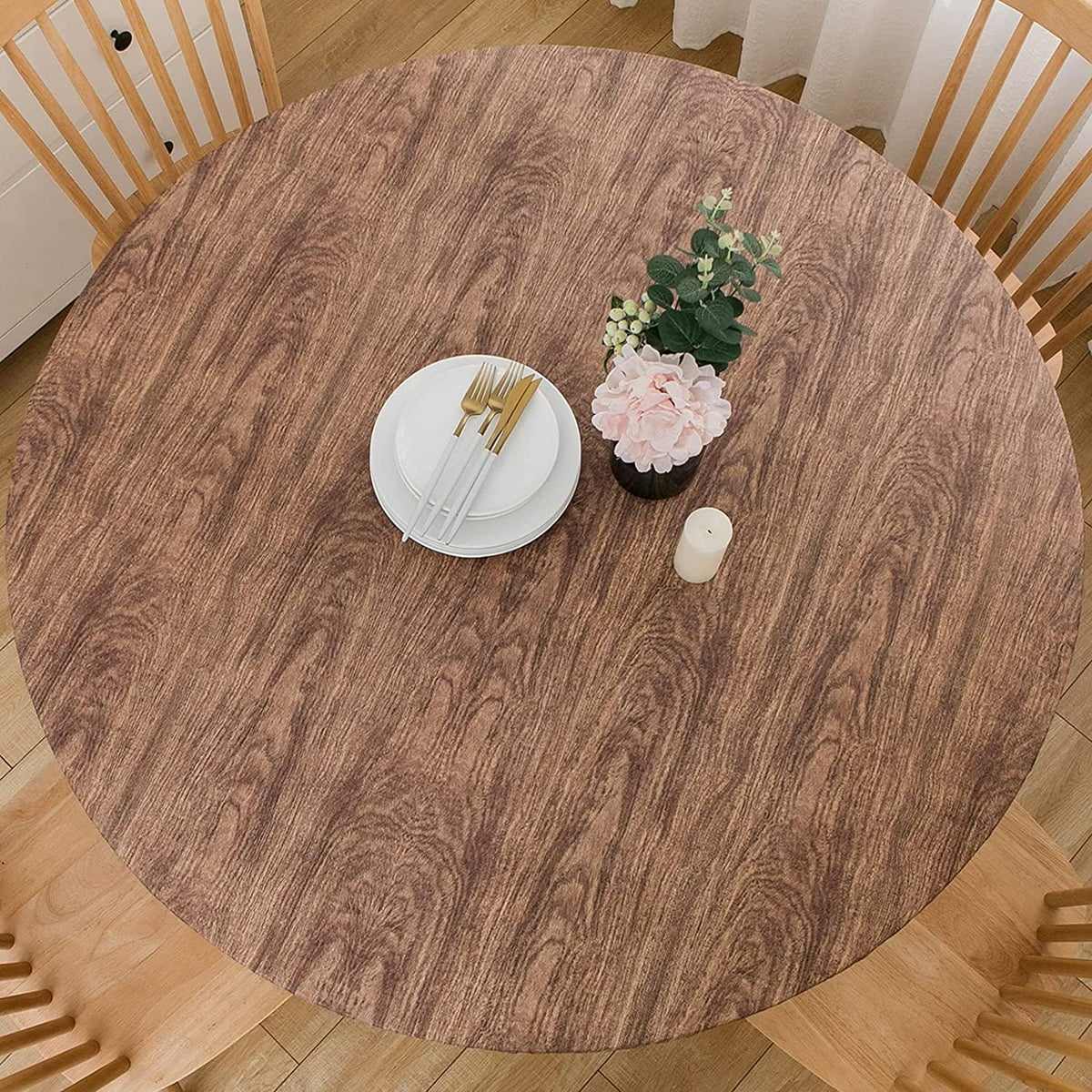 Pioggia Round Vinyl Fitted Tablecloth with Flannel Backing Elastic Table Cloth Waterproof Oil-Proof Plastic Table Cover Best for 45"-56" Round