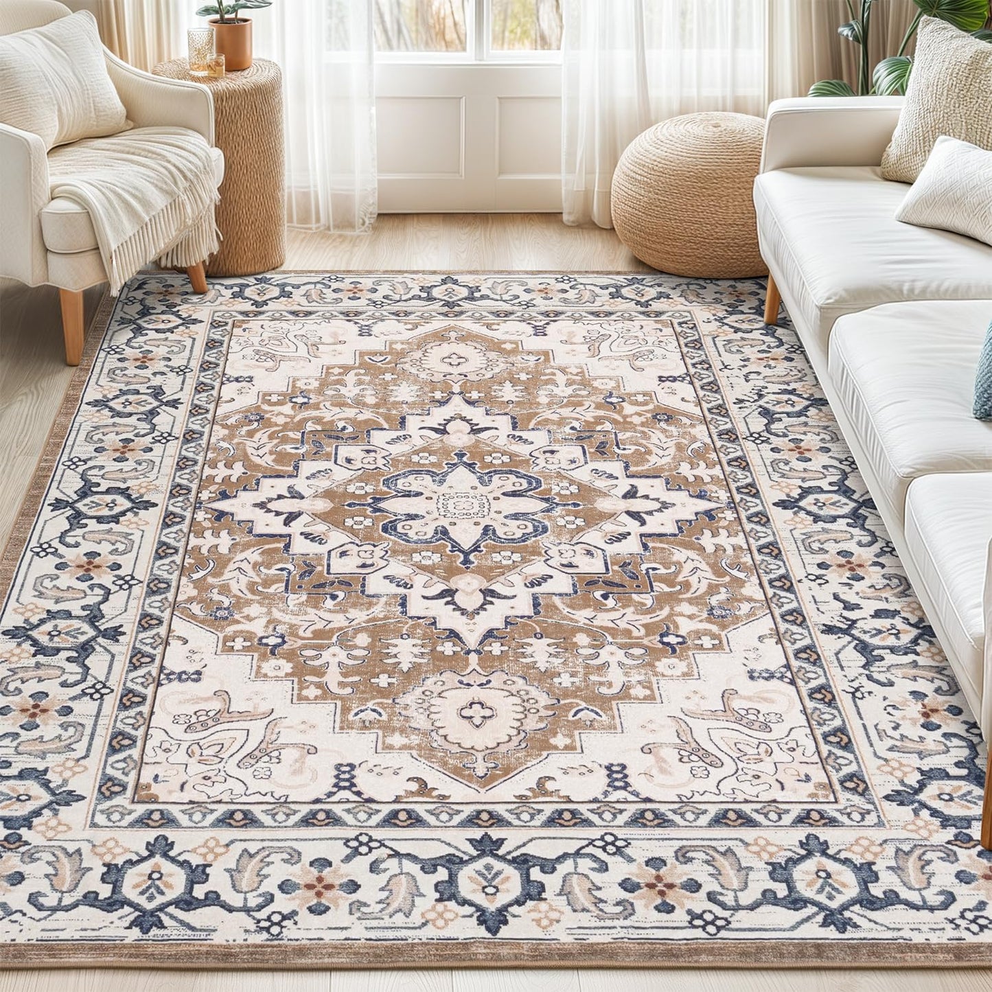 Lofus 5x7 Area Rugs for Living Room Bedroom, Soft Boho Carpet Floral Brown | High-Power Vacuuming, Non-Slip, Low Pile, Stain & Water Repellent, Soft, Skin-Friendly, for Kitchen Entryway Office