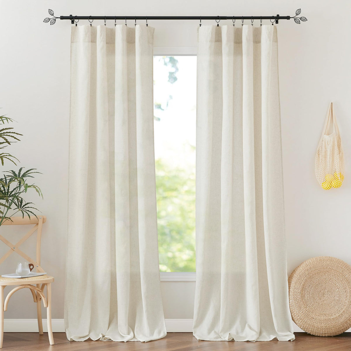 RYB HOME White Semi Sheer Curtains 84 inches Long for Living Room | Half Privacy, Linen Textured, Sheer Light Filtering, Vertical Window Drapes, for Bedroom Dining, White, W52 x L84, 2 Panels