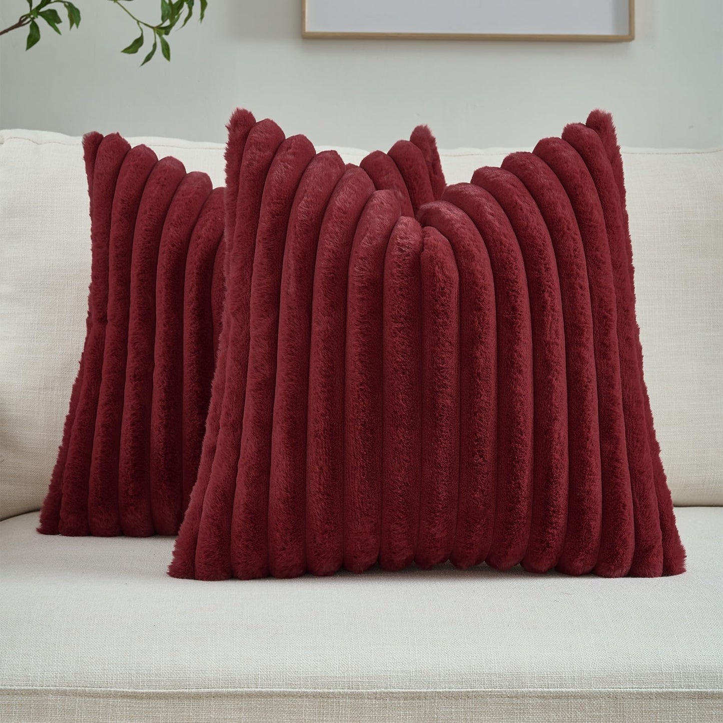 FUTEI Pack of 2 Faux Fur Throw Pillow Covers 18x18 Inch, Cream White | Fluffy Faux Rabbit Fur Front/Premium Velvet Back,Hidden Zipper,Machine Washable,Non-Shedding,Colorfast,Insert Not Included.