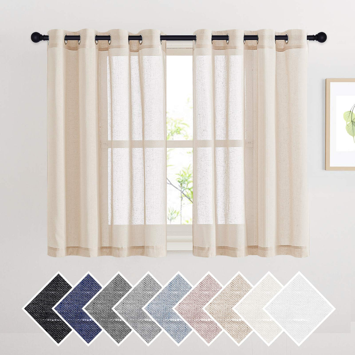 NICETOWN White Sheer Linen Curtains for Living Room 84 inch Length 2 Panels Set, Grommet Semi Sheer Privacy with Light Filtering Flax Window Treatments for Bedroom, W52 x L84