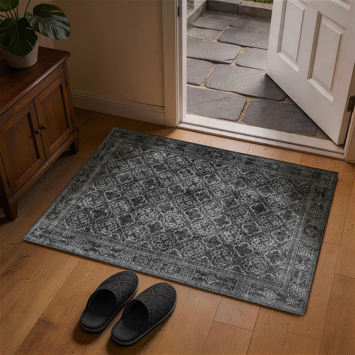 8x10 Washable Area Rug, Black Solid Area Rugs for Living Room & Bedroom | Stain-resistant & Non-slip backing,Low Pile Washable Large Carpet, Solid Vintage Style For High Traffic Areas(8x10,Black)