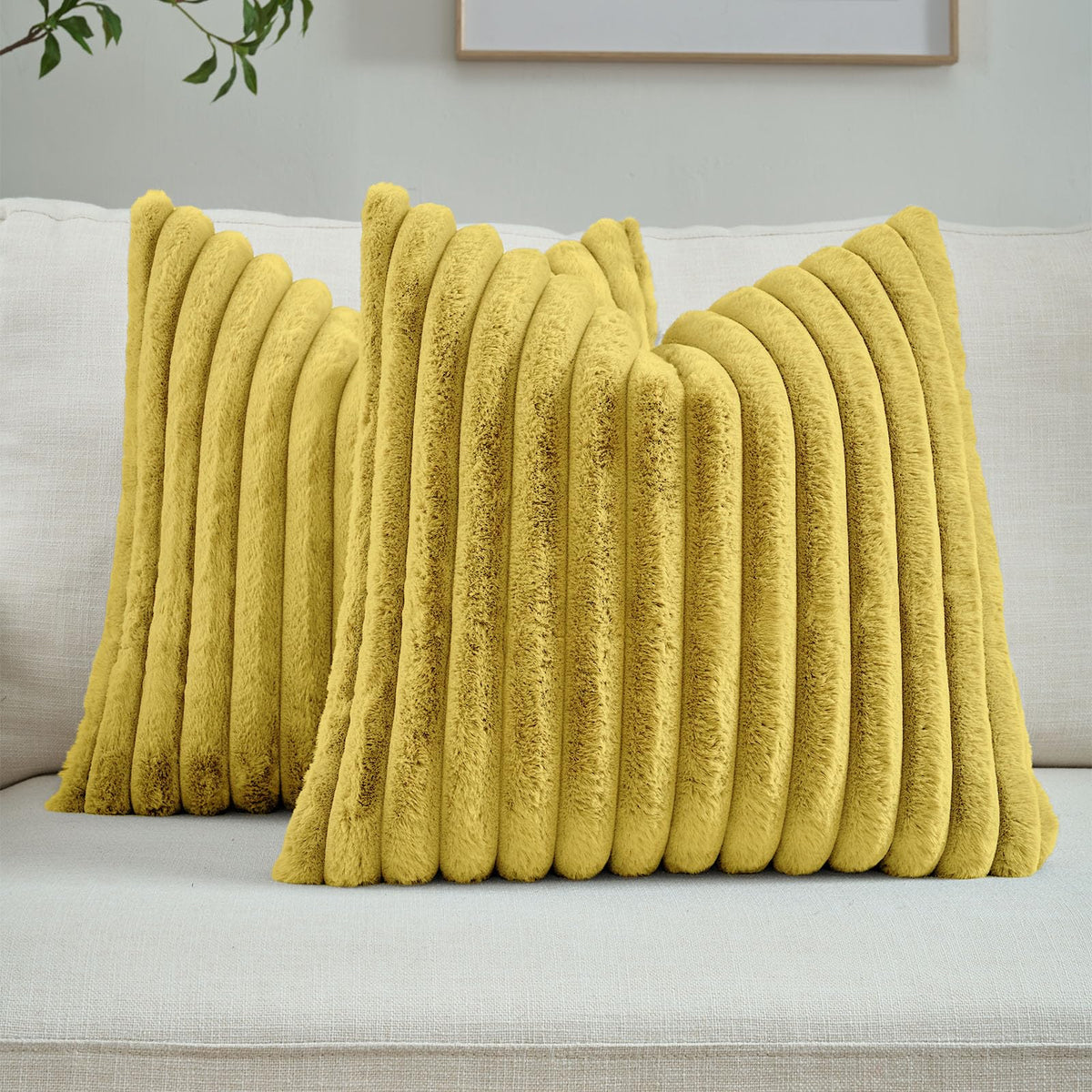 FUTEI Pack of 2 Faux Fur Throw Pillow Covers 18x18 Inch, Cream White | Fluffy Faux Rabbit Fur Front/Premium Velvet Back,Hidden Zipper,Machine Washable,Non-Shedding,Colorfast,Insert Not Included.