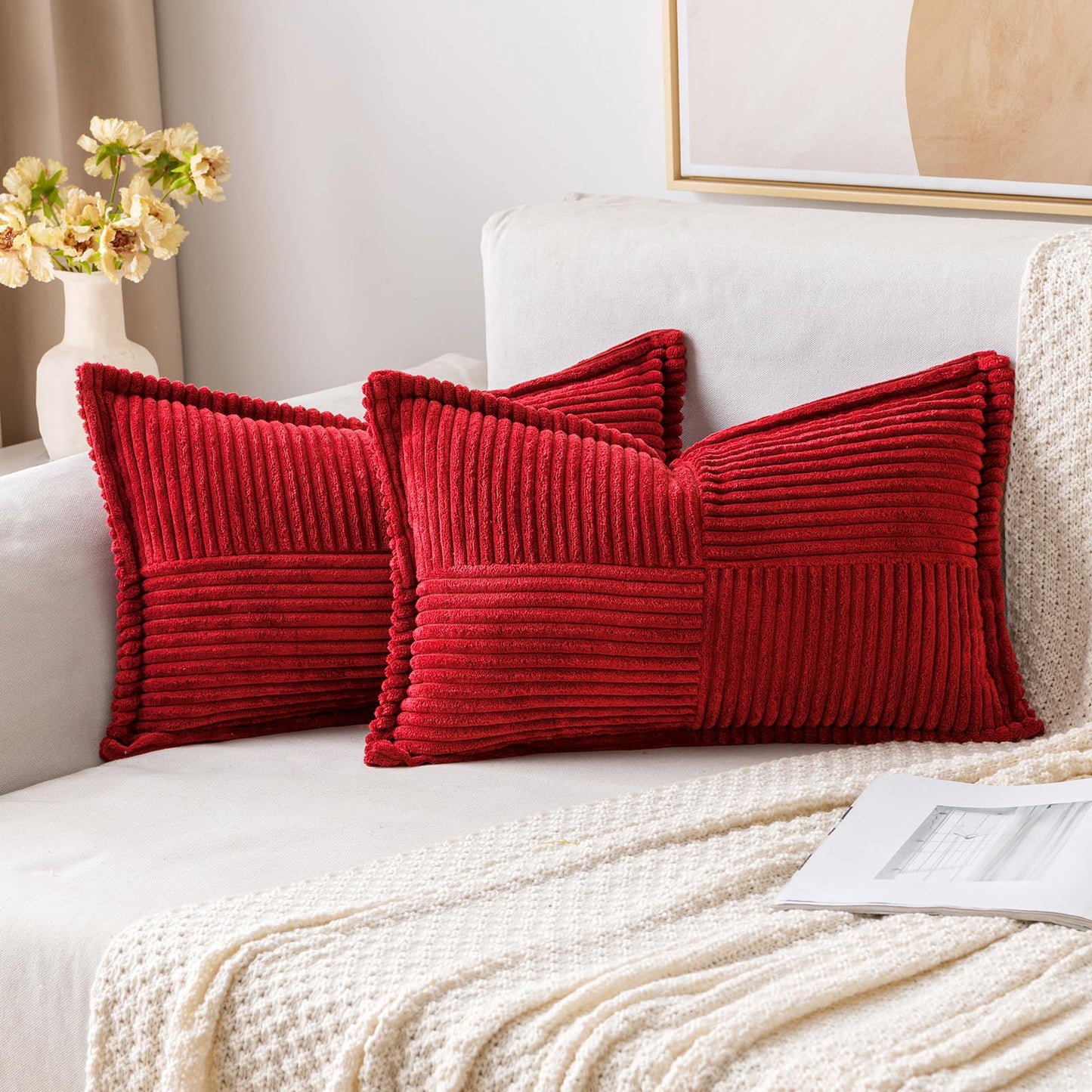 MIULEE Decorative Throw Pillow Covers for Couch 18x18 Inch Beige 2 Pack | Boho Broadside Striped Patchwork Pillow Covers, Soft Corduroy Cushion Cases, For Sofa Bed Livingroom Home Decor