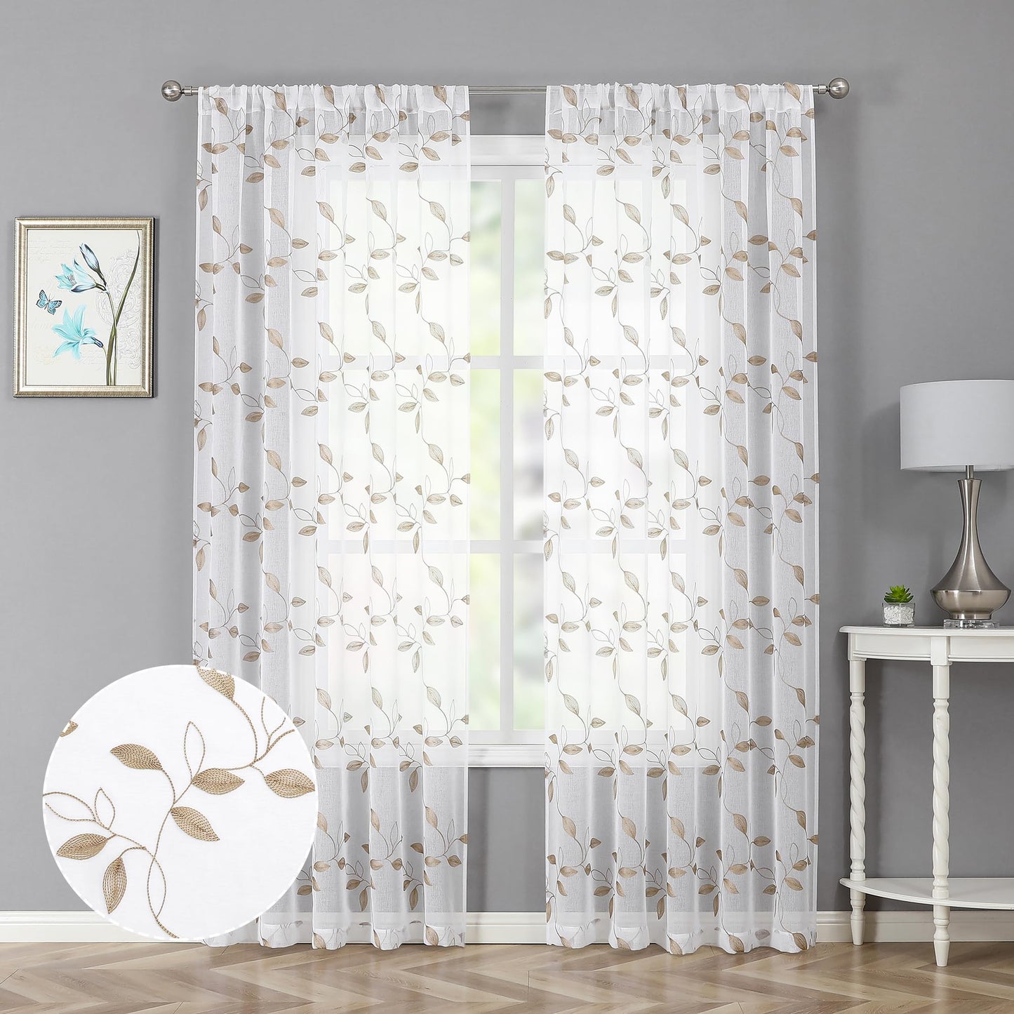 Tollpiz White Leaf Sheer Curtains Bedroom 54 x 84 Inches | Leaves Embroidered Curtain Rod Pocket Voile Window Treatment for Living Room, Set of 2 Panels