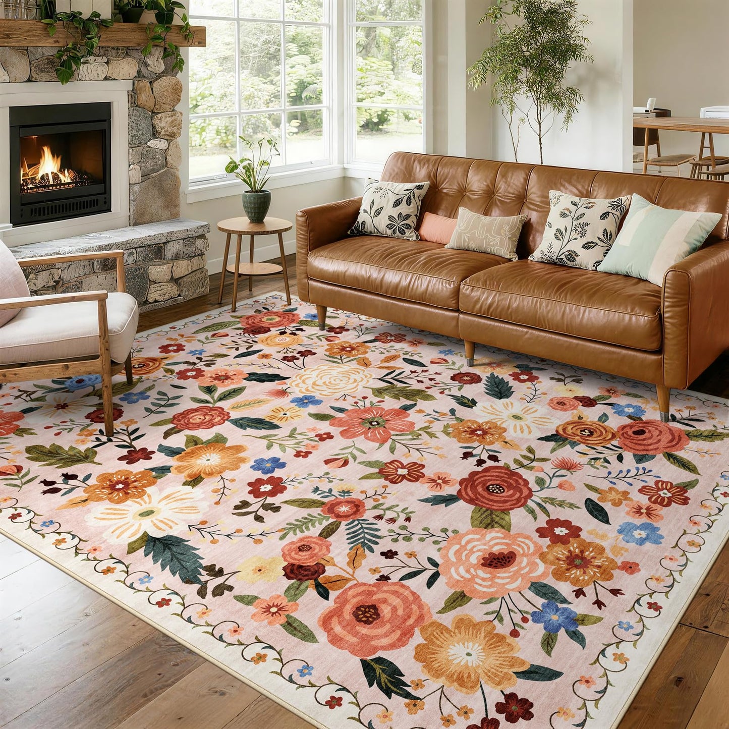 5x7 Washable Area Rug Green Boho Floral for Living Room Bedroom Nursery | Carpet for Dining Room, Soft Low-Pile Non-Slip Faux Wool, Farmhouse Indoor, Kid & Pet Friendly, Stain, Fade & Wear Resistant