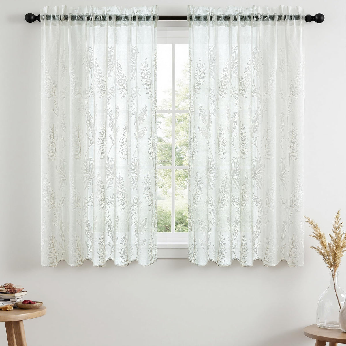 Sheer Curtains Boho Leaf Floral Embroidered Cream Beige 54Wx84L | Light Filtering Semi Sheer Voile Curtains With Design, Rod Pocket Window Drapes for Bedroom Living Room 2 Panels