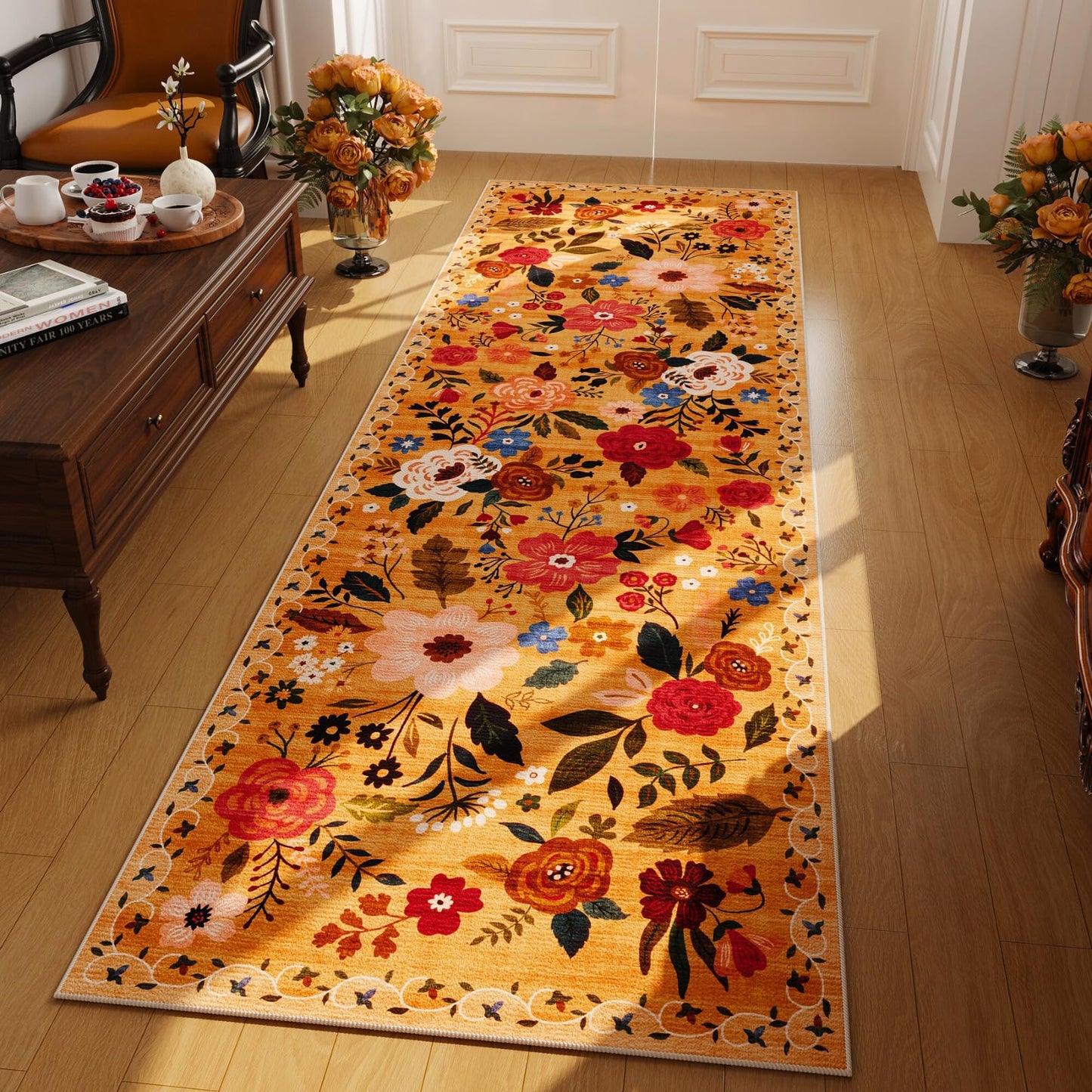 Rugcomf Living Room Rug 5x7 Rug Machine Washable Boho Area Rug Non Slip Floral Vintage Low Pile Large Rugs for Living Room, Bedroom, Farmhouse, Dining Room, Kids Playroom(Black)