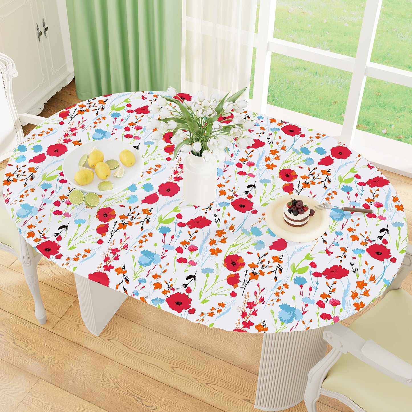 Round Fitted Tablecloth with Elastic Edge, 100% Waterproof Oil Proof Plastic Table Cover, Vinyl Flannel Backed Tablecloth Fits 36"-44" Round Tables for Dinner, Outdoor, Picnic, Oak Wooden Grain