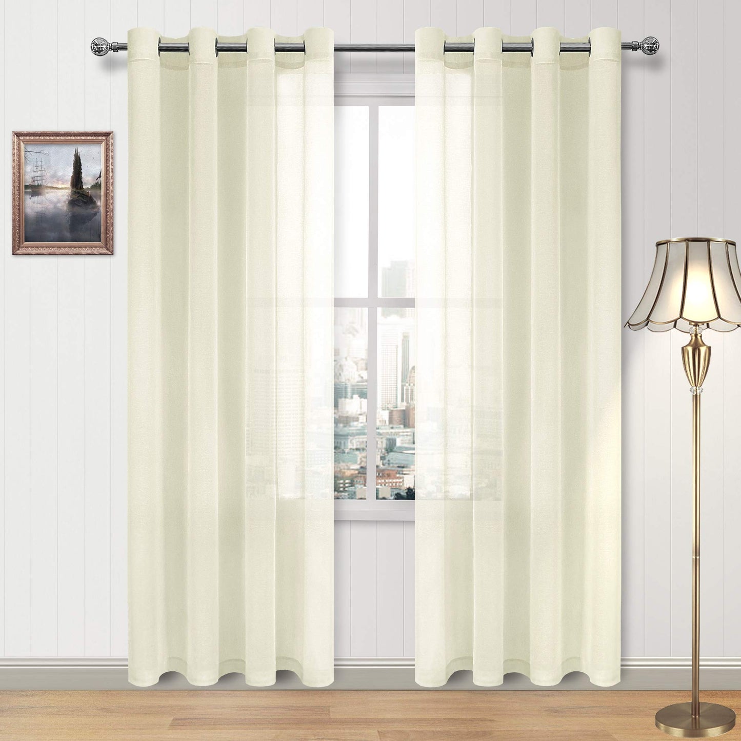 DWCN White Sheer Curtains Linen Look Semi Transparent Voile Grommet White Curtains for Living Dining Room Drapes 52 x 84 Inch Long, Set of 2 Panels