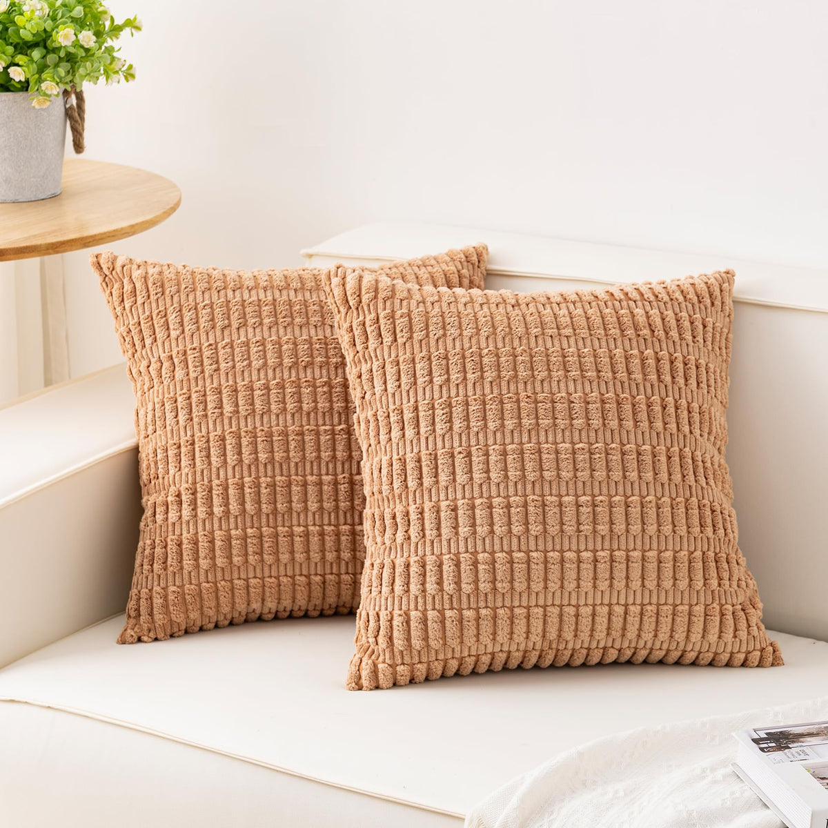 Pack of 2 Corduroy Decorative Throw Pillow Covers 18x18 Inch, Cream White | Fall Soft Striped Pillow Covers Modern Farmhouse Home Decor Christmas Throw Pillow Covers for Sofa Living Room Couch Bed ﻿