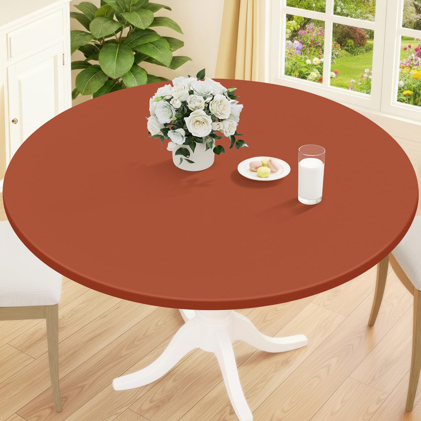 Smiry Round Picnic Tablecloth, Waterproof Elastic Fitted Table Covers for 45" - 56" Tables, Wipeable Flannel Backed Vinyl Tablecloths for Camping, Indoor, Outdoor, Grey & White