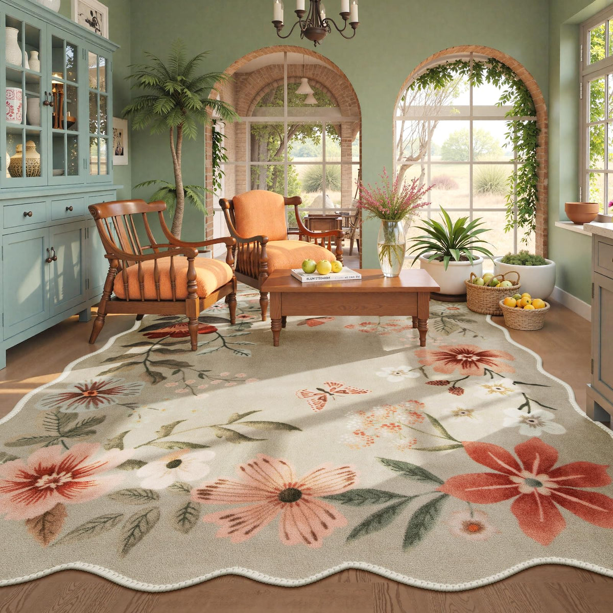 Lahome Floral Washable Living Room Rug, 5x7 Area Rugs for Bedroom Soft | Dining Room Rug Ultra-Thin Non Slip Stain Resistant Boho Low-Pile Throw Carpet for Office Flore (5x7ft, Beige)