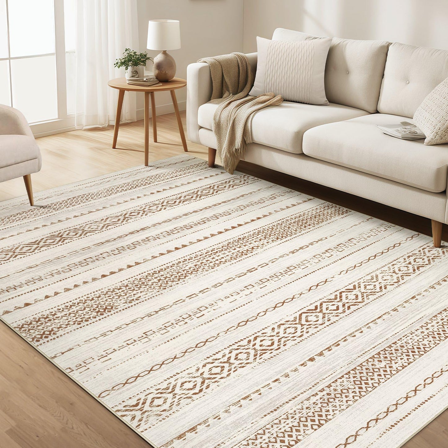kakania 9x12 Washable Area Rug: Non Slip Soft Thin Carpet, Boho Geometric Modern Decor, Easy Clean Indoor Floor Large Rugs for Living Room Bedroom Kids Dorm Office Dining - Brown