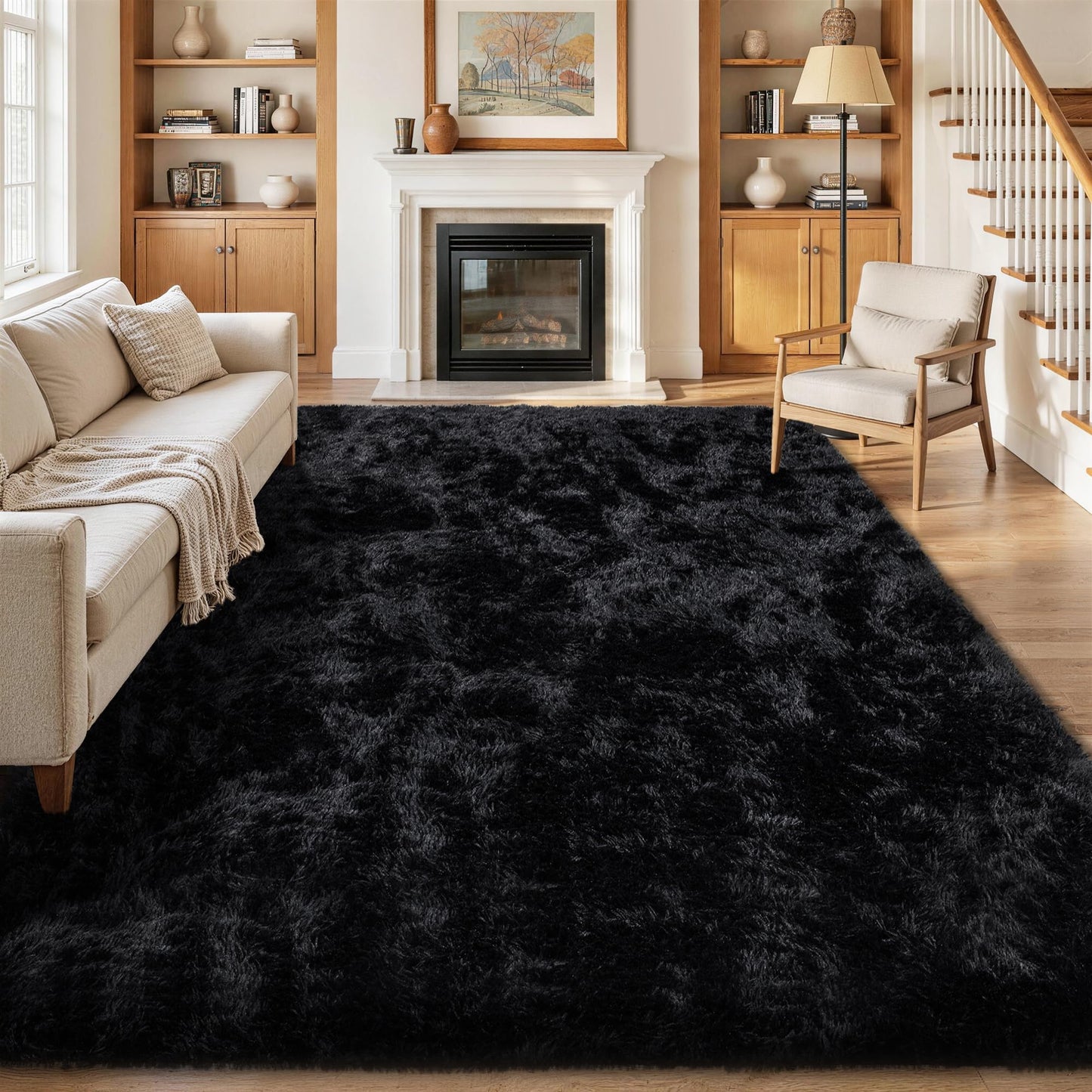 8x10 Area Rug for Living Room,Black Fluffy Shag Non-Slip Bedroom Rugs | Ultra Soft Large Fuzzy Plush Indoor Carpet，Washable Rugs for Bedroom Kids Nursery Office Dorm Modern Decor