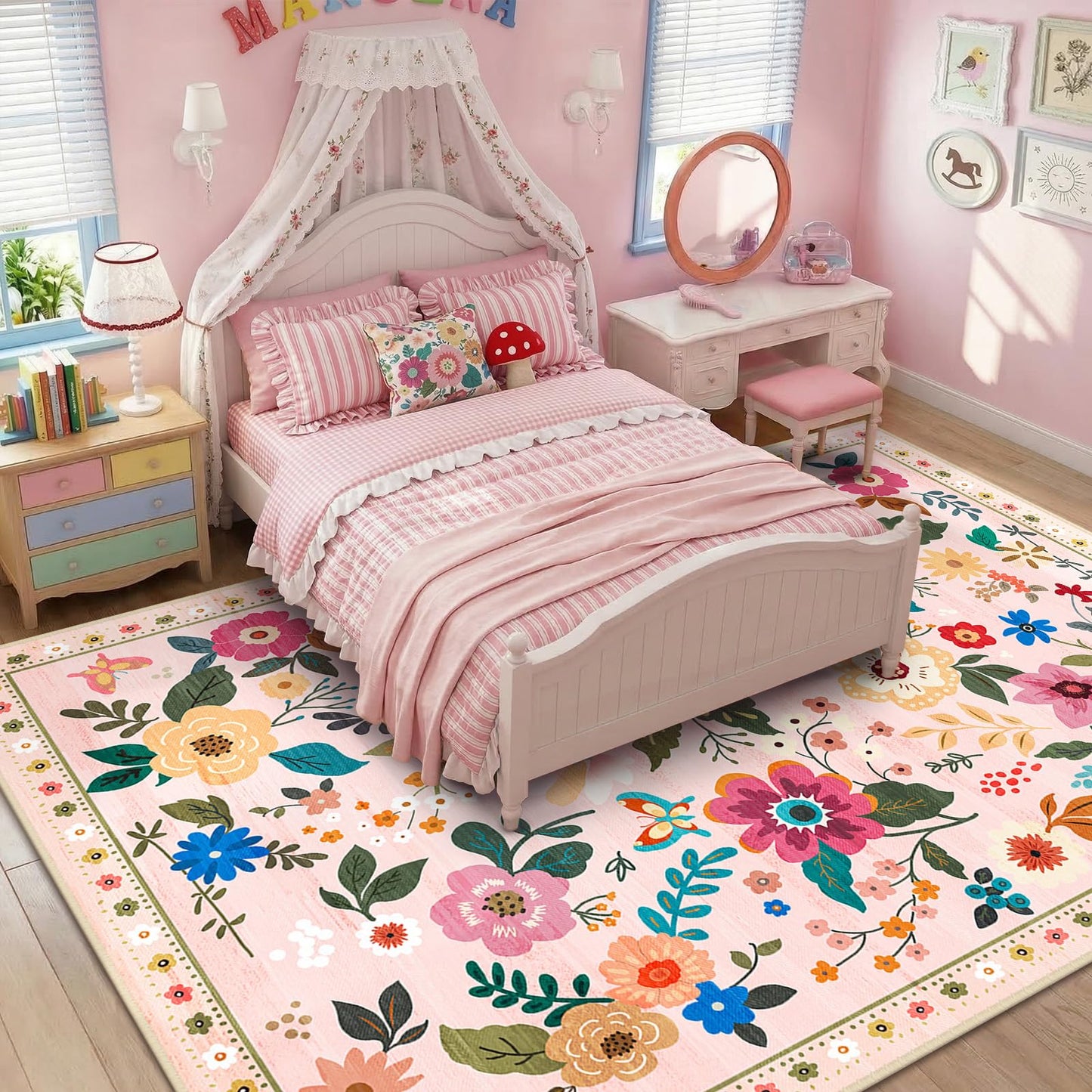 RELEANY Floral Washable 5x7 Area Rugs Black | Flower Carpet, Print, Boho, Non-Slip, Easy to Clean, Soft, Low Pile for Living Room Bedroom Kitchen Office Entryway Hallway