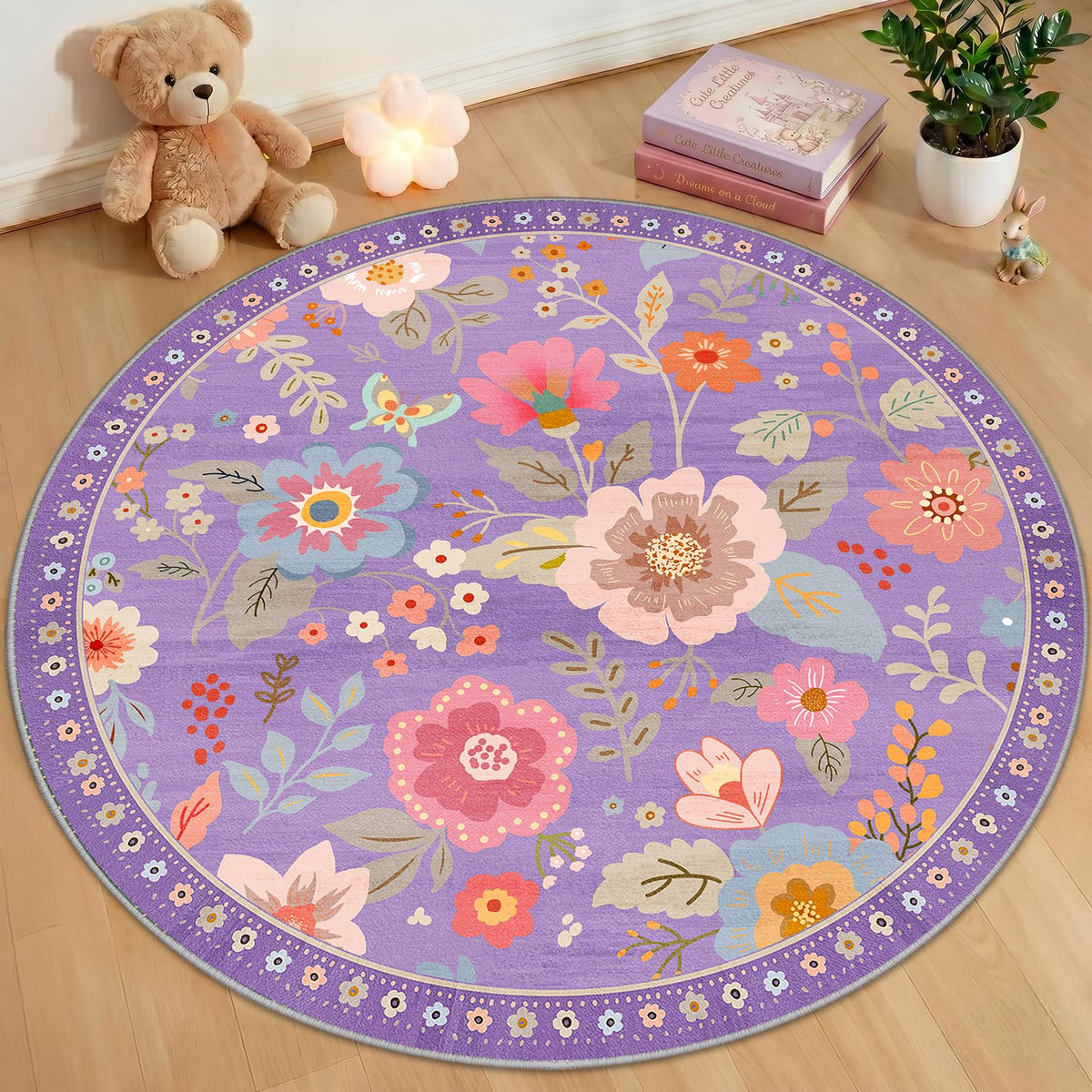 RELEANY Floral Washable 5x7 Area Rugs Beige/White/Orange | Flower Carpet, Print, Boho, Non-Slip, Easy to Clean, Soft, Low Pile for Living Room Bedroom Kitchen Office Entryway Hallway
