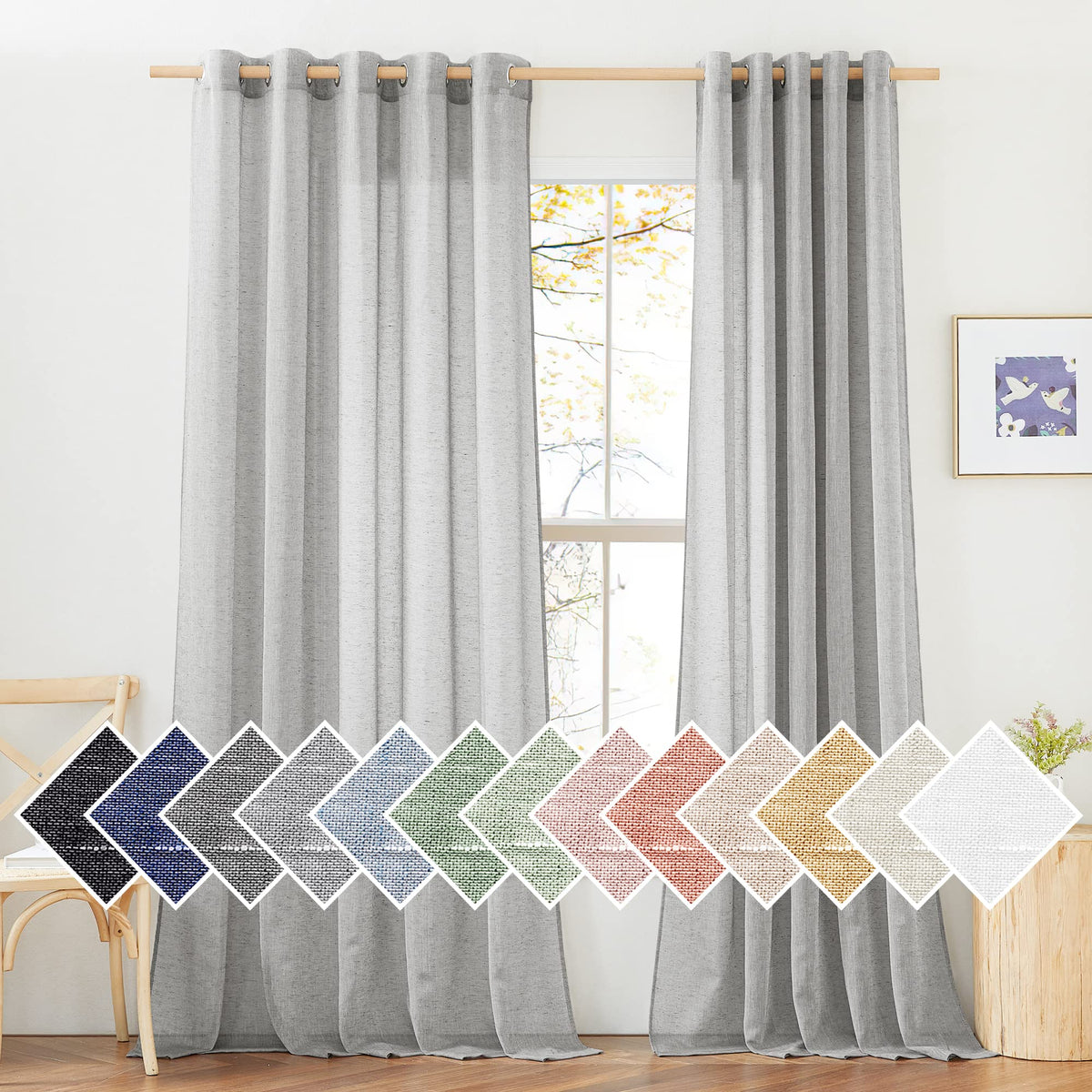 NICETOWN White Sheer Linen Curtains for Living Room 84 inch Length 2 Panels Set, Grommet Semi Sheer Privacy with Light Filtering Flax Window Treatments for Bedroom, W52 x L84