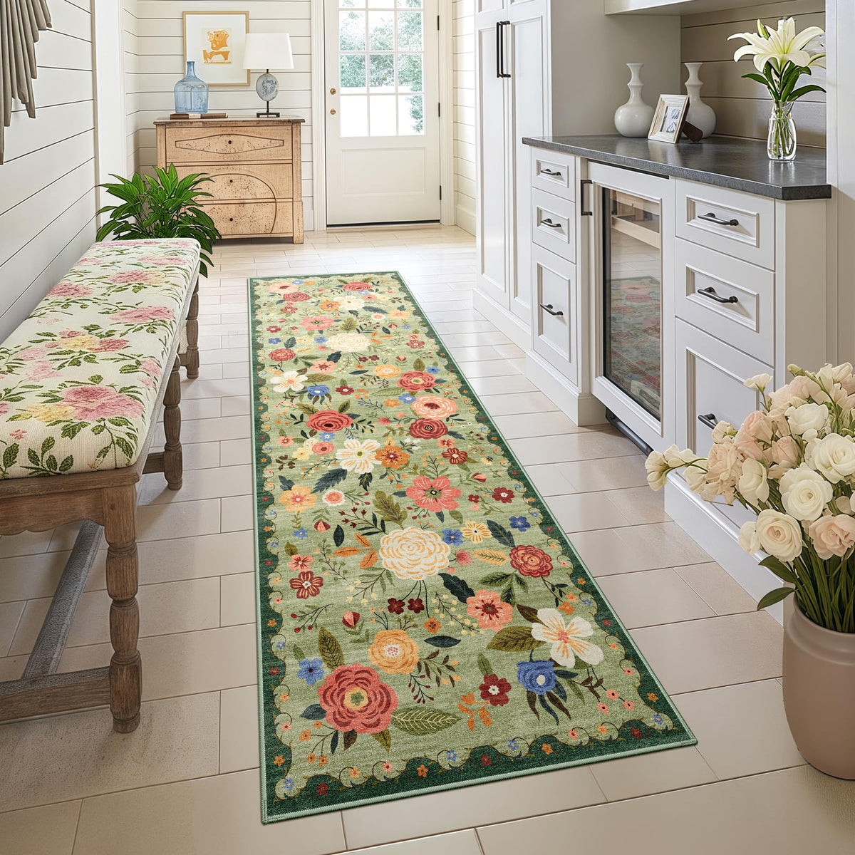 5x7 Washable Area Rug Green Boho Floral for Living Room Bedroom Nursery | Carpet for Dining Room, Soft Low-Pile Non-Slip Faux Wool, Farmhouse Indoor, Kid & Pet Friendly, Stain, Fade & Wear Resistant