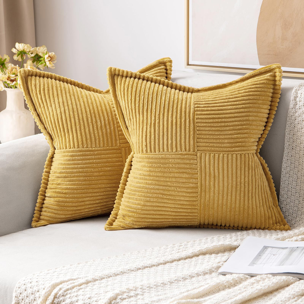 MIULEE Decorative Throw Pillow Covers for Couch 18x18 Inch Beige 2 Pack | Boho Broadside Striped Patchwork Pillow Covers, Soft Corduroy Cushion Cases, For Sofa Bed Livingroom Home Decor