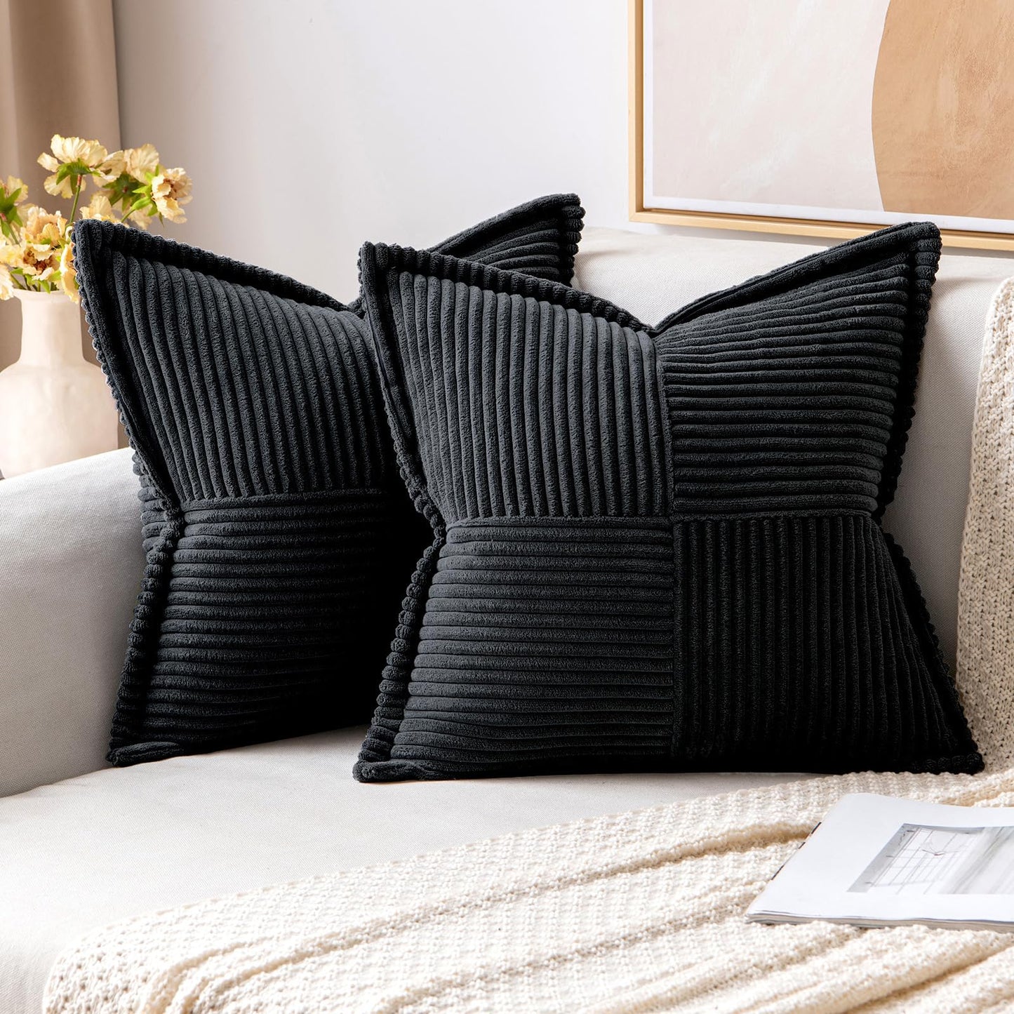 MIULEE Decorative Throw Pillow Covers for Couch 18x18 Inch Beige 2 Pack | Boho Broadside Striped Patchwork Pillow Covers, Soft Corduroy Cushion Cases, For Sofa Bed Livingroom Home Decor