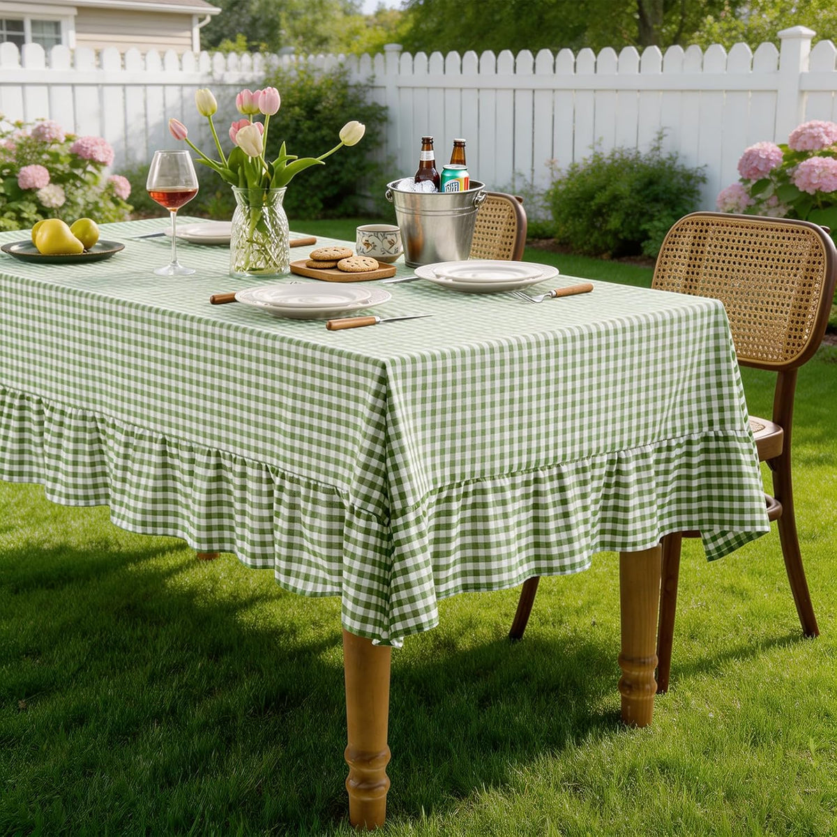 Romanstile Gingham Ruffled Tablecloth Rectangle, 60 x 84 Inch, Sage Green | Waterproof Checkered Table Cloth, Polyester-cotton, Farmhouse Plaid Table Cover for Outdoor, Picnic, Camping, Party