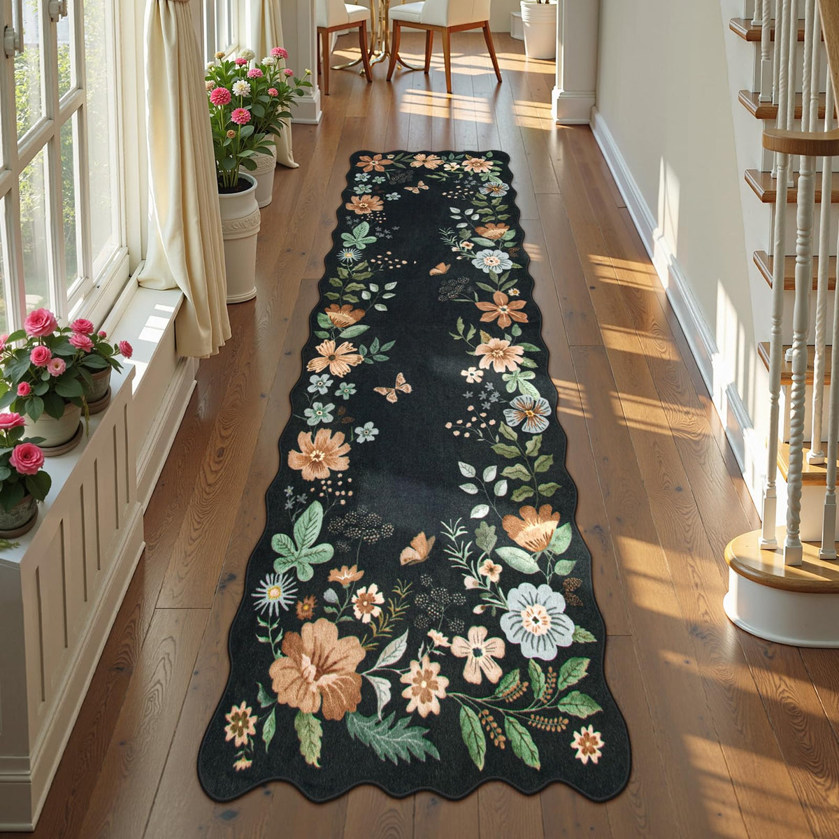 Lahome Floral Rugs for Living Room, 5x7 Area Rugs Ultra-Thin Soft Washable Rug, Non-Slip Bedroom Rug Stain Resistant Boho Flore Carpet for ‎Dining Room Office (5x7ft,Black/Grey)