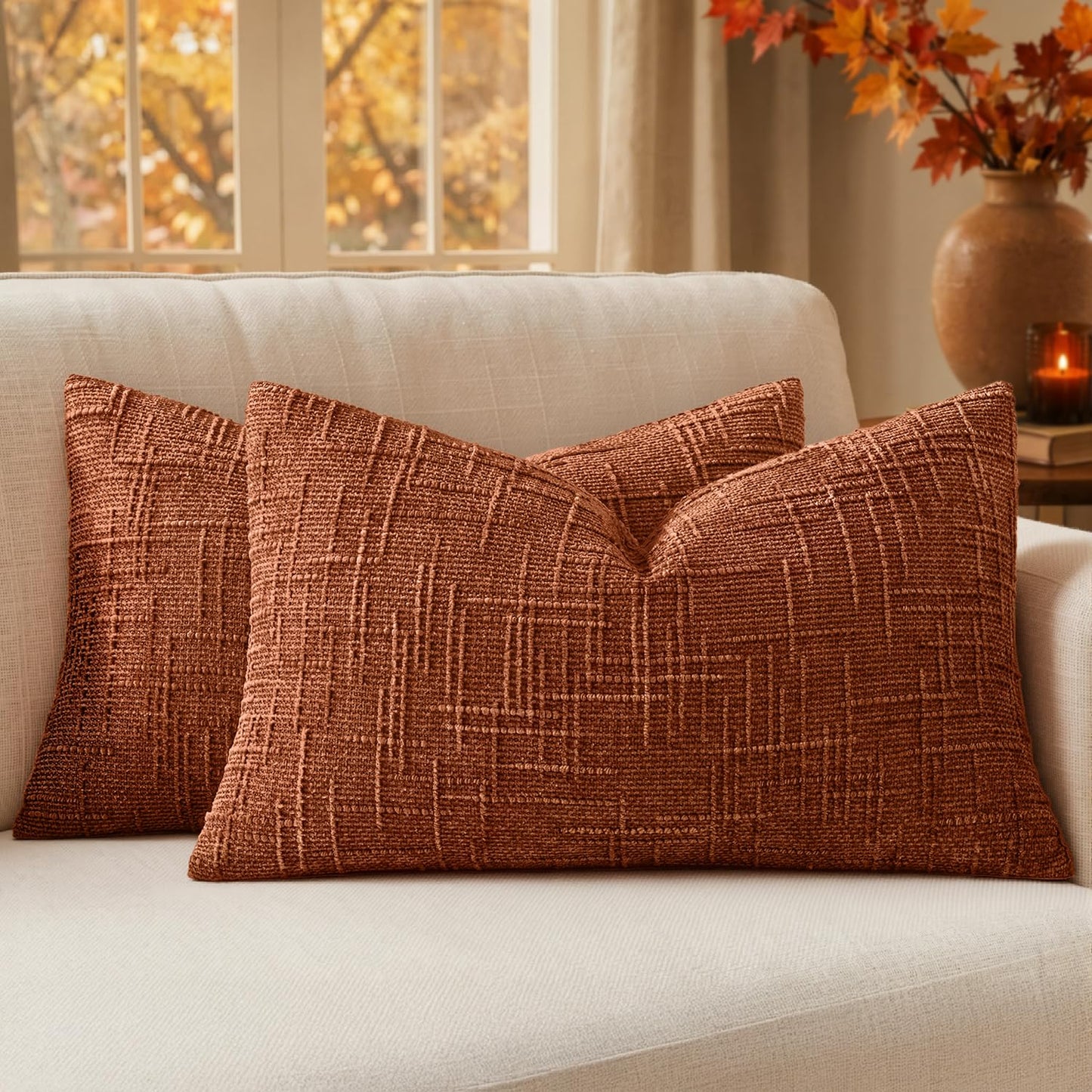 MIULEE Chenille Textured Throw Pillow Covers Cream White 18x18 Set of 2 | Slubby Decorative Pillows, Boho Farmhouse Home Decor, Modern Neutral Cushion Covers for Couch Sofa Bed Living Room
