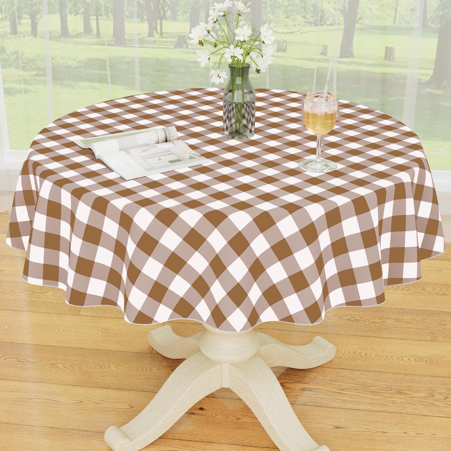 Smiry Picnic Table Cloth, Vinyl Tablecloths with Flannel Backing, 60"x84" | Waterproof Rectangle Table Cloth, Wipeable Buffalo Plaid Table Cover for Indoor and Outdoor (Khaki & White)