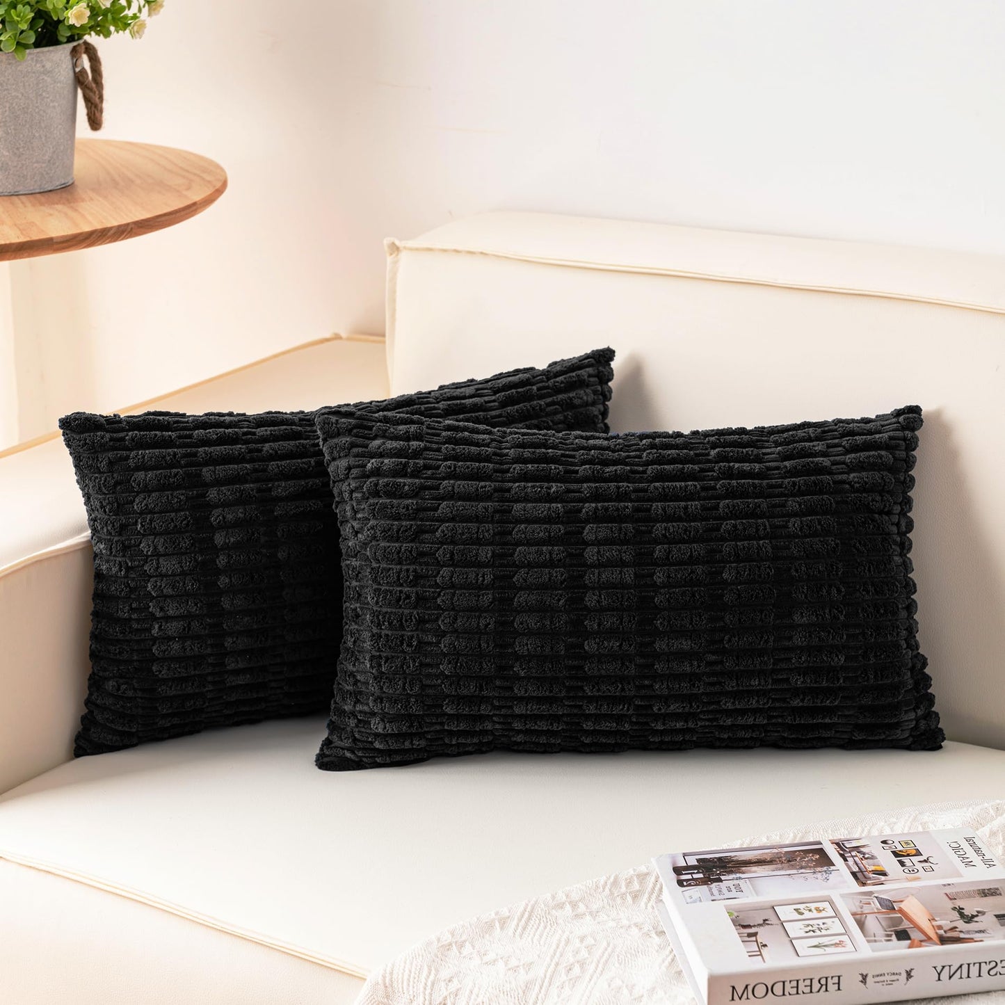 Pack of 2 Corduroy Decorative Throw Pillow Covers 18x18 Inch, Cream White | Fall Soft Striped Pillow Covers Modern Farmhouse Home Decor Christmas Throw Pillow Covers for Sofa Living Room Couch Bed ﻿