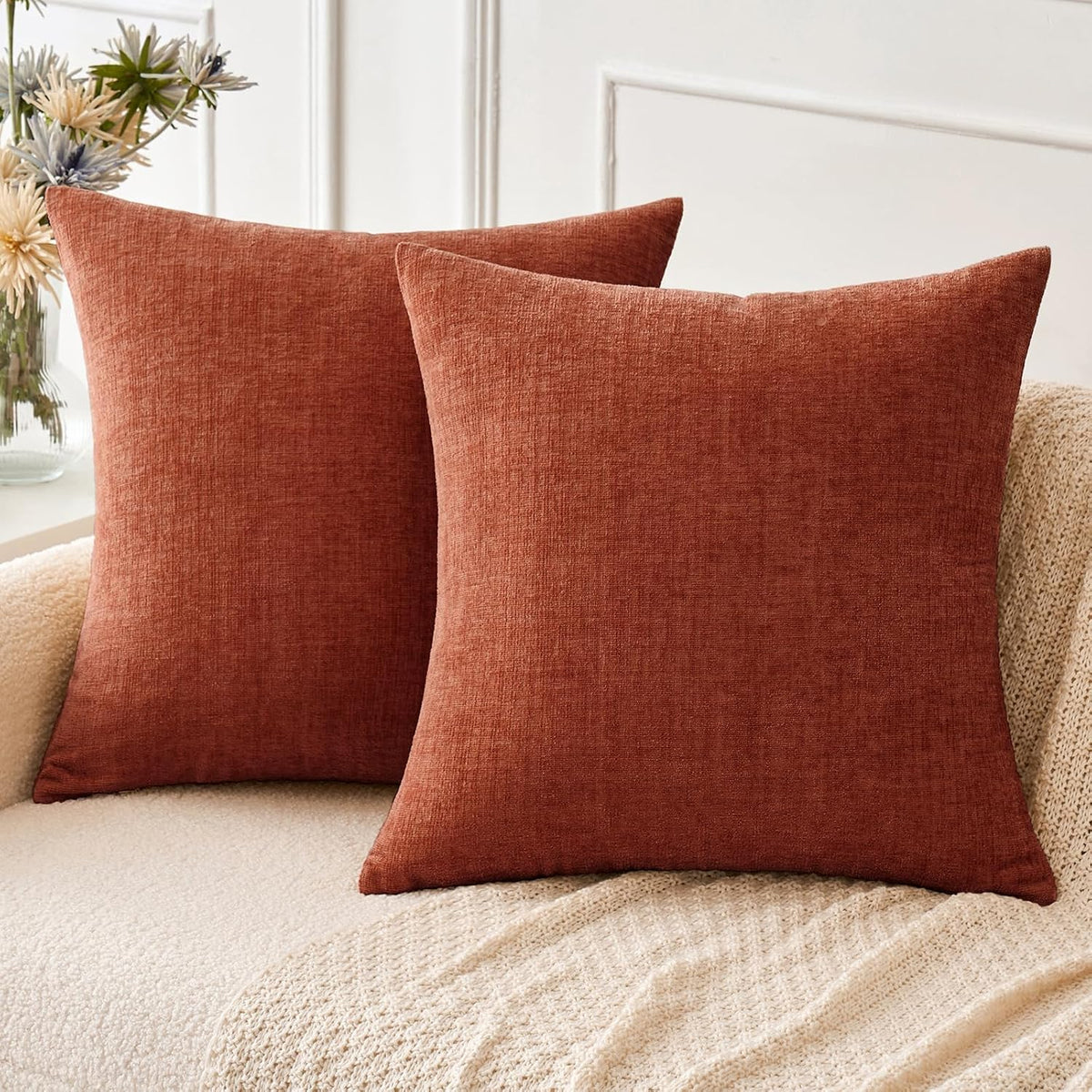 MIULEE Soft Chenille Fall Throw Pillow Covers Burnt Orange 18x18 Pack of 2 | Modern Fall Home Decor, Classic Decorative Pillows, Solid Dyed Cases, Boho Couch Cushion Covers for Sofa Bed Living Room