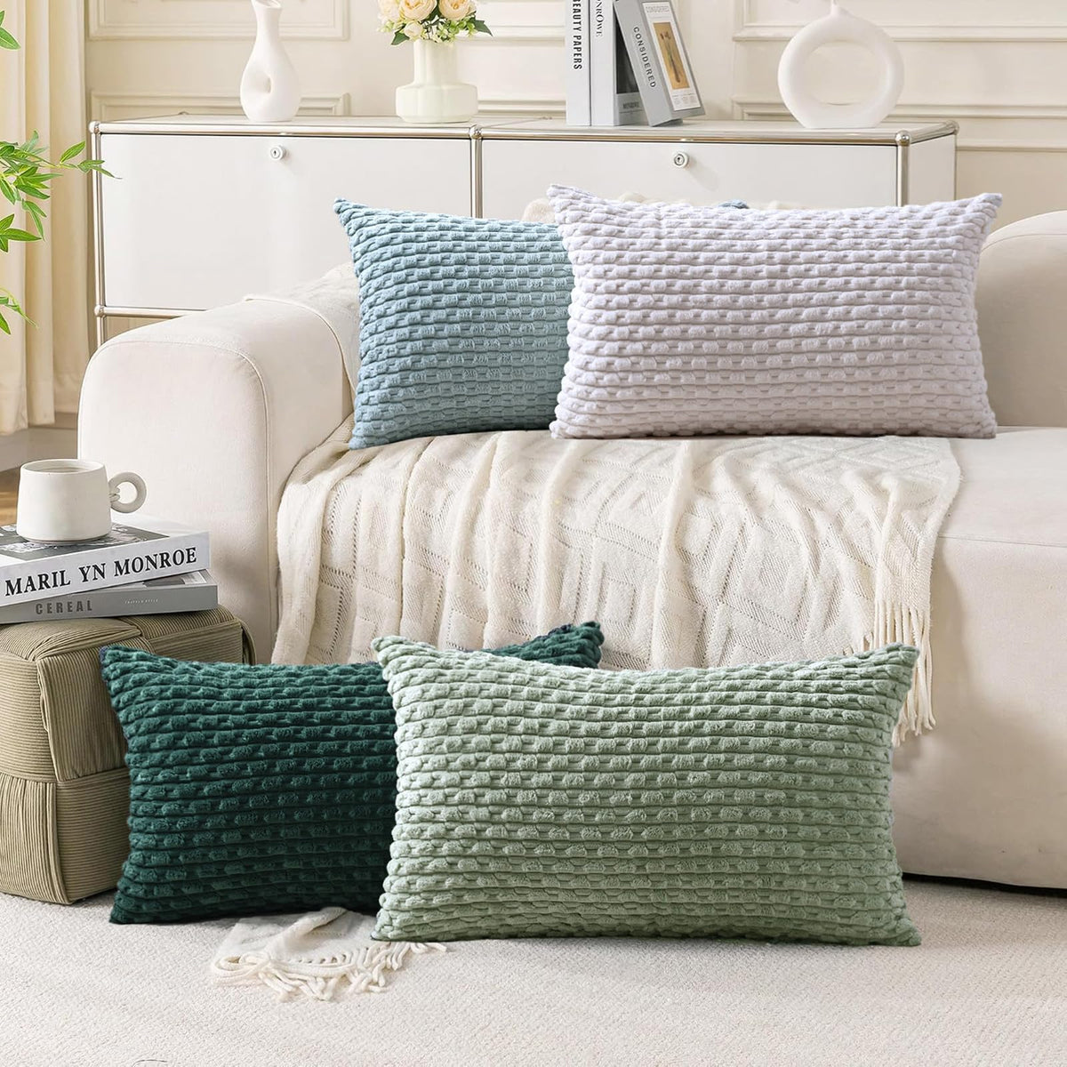 Set of 4 Neutral Decorative Throw Pillow Covers 18x18 Inch Corduroy Pillow Covers for Bed Couch Sofa Living Room Soft Square Cushion Cases