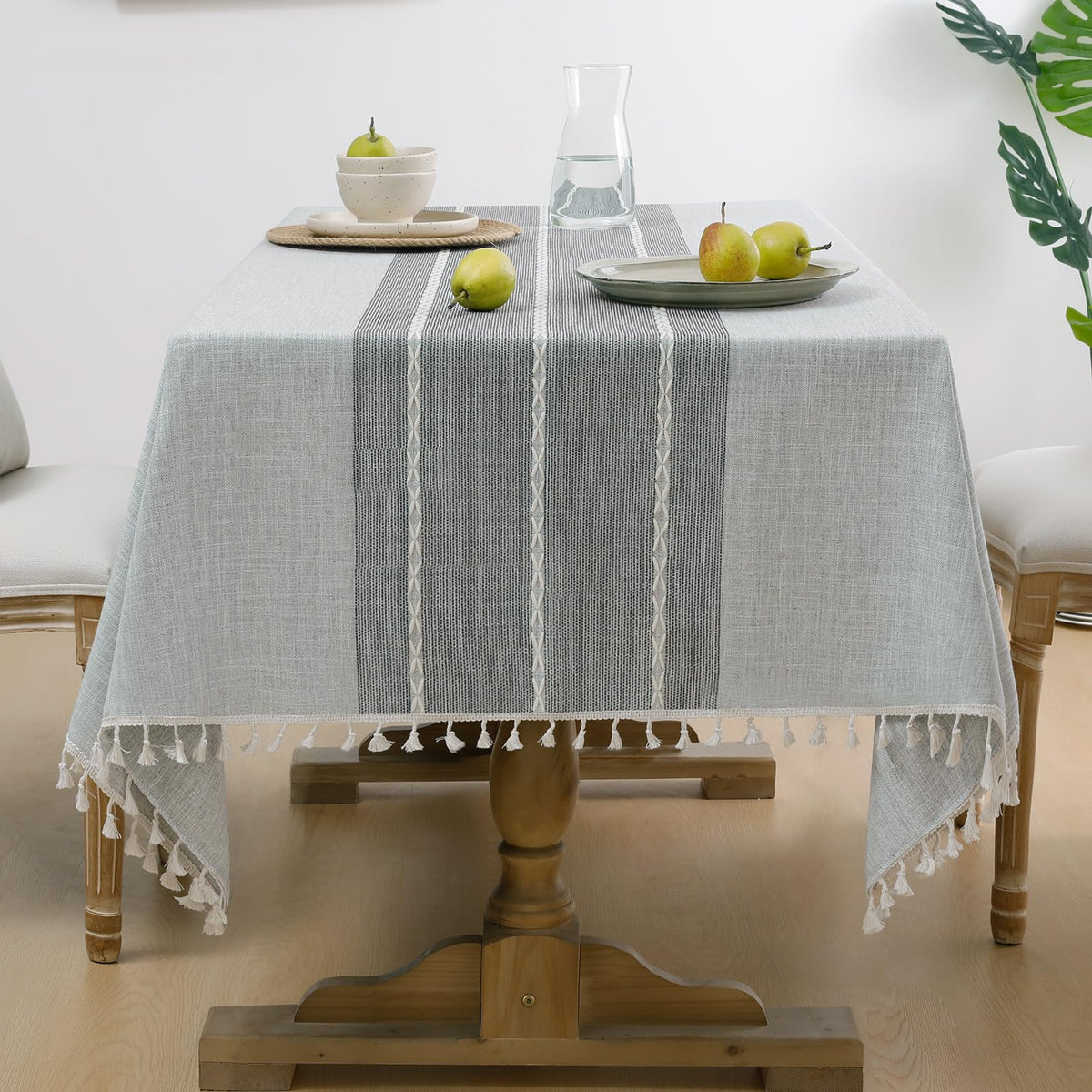 Softalker Outdoor Linen Tablecloth Rectangle, Waterproof Cotton Boho Farmhouse Table Cloths with Tassel, Heavy Weight Wrinkle Free Table Cover for Picnic Camping Dining - 55 x 70 Inch, Coffee Lines