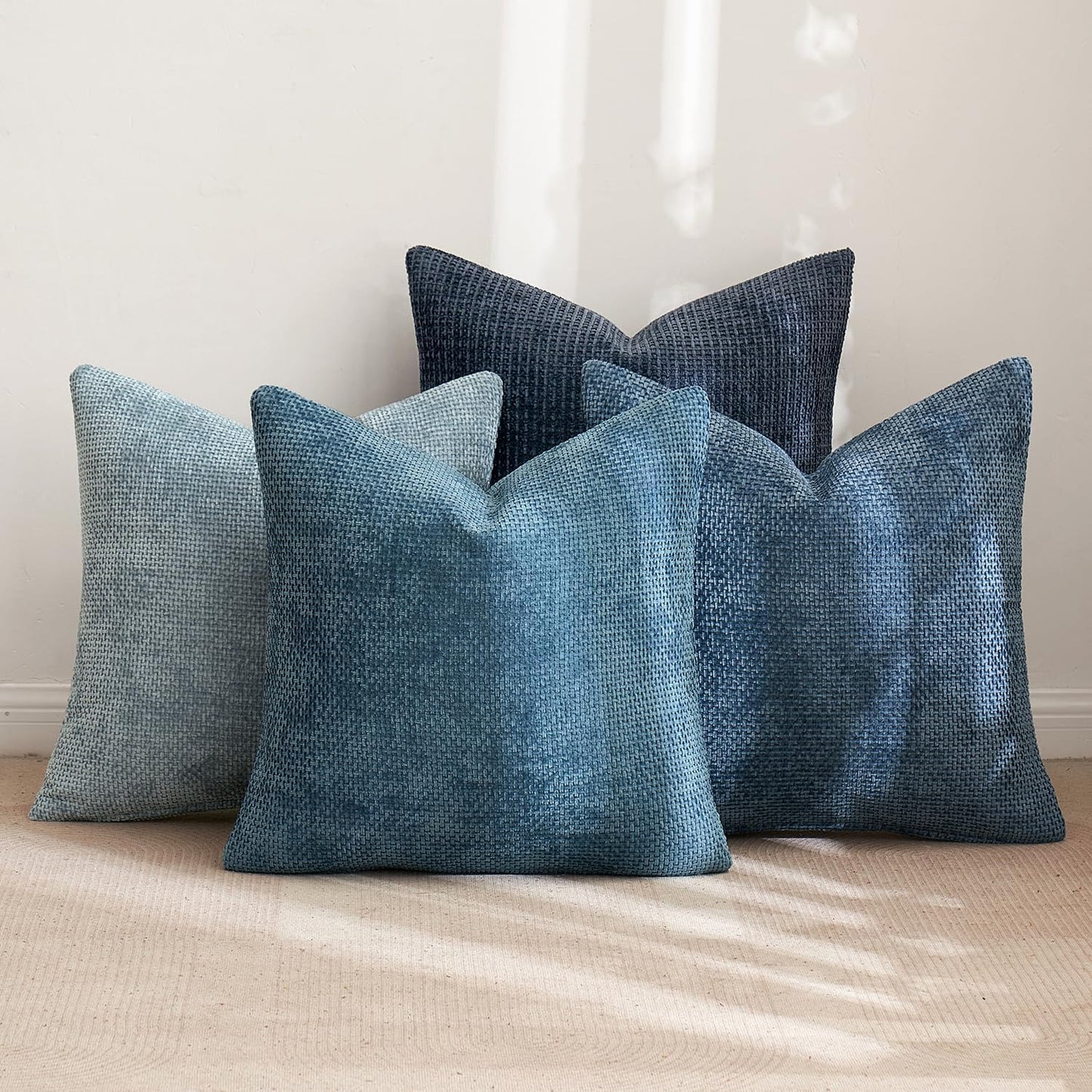 MIULEE Soft Decorative Chenille Pillow Covers Blue Series 18x18 Pack of 4 | Modern Coastal Decor, Blue Gradient Set, Couch Throw Pillows, Farmhouse Boho Cushion Covers for Sofa Bed Living Room