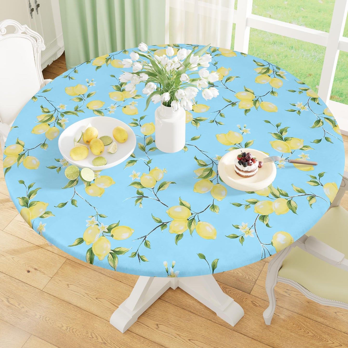 Round Fitted Tablecloth with Elastic Edge, 100% Waterproof Oil Proof Plastic Table Cover, Vinyl Flannel Backed Tablecloth Fits 36"-44" Round Tables for Dinner, Outdoor, Picnic, Oak Wooden Grain