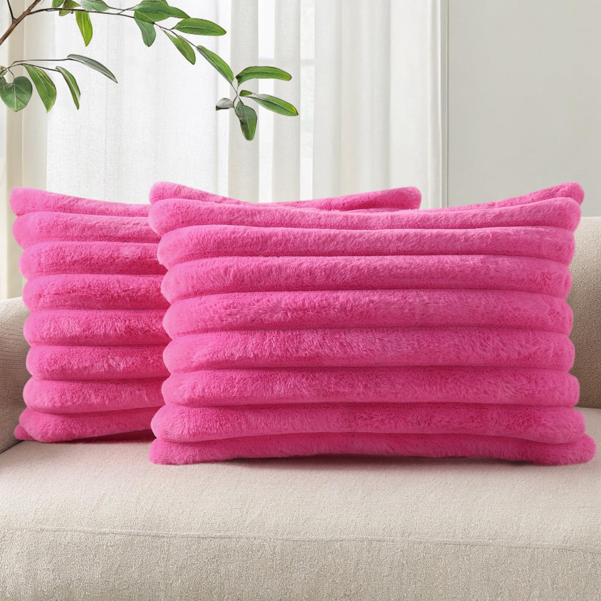 Pallene Faux Fur Decorative Throw Pillow Covers 18x18 Set of 2, Cream White | Luxury Plush Texture, Striped Design, Cozy Soft Touch, Modern Home Accent Decor for Couch, Sofa, Bed, Living Room