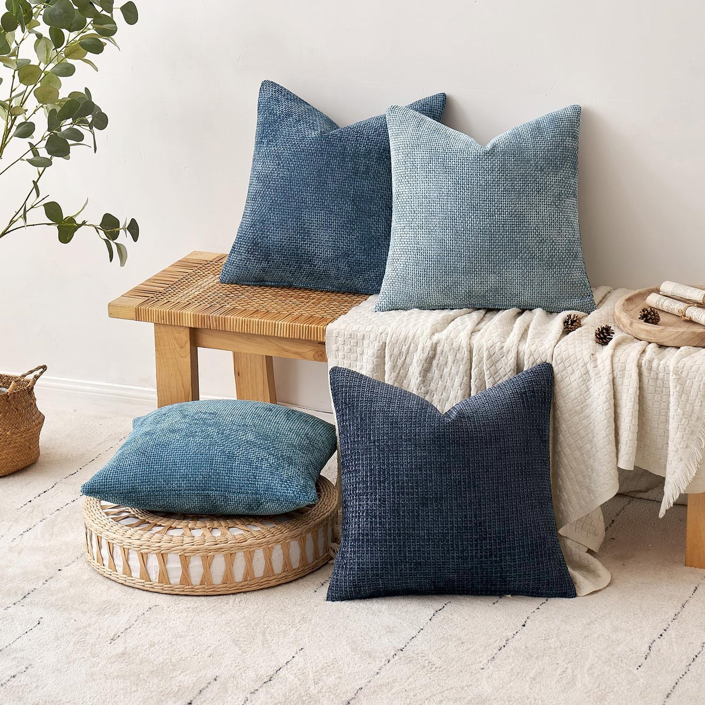 MIULEE Soft Decorative Chenille Pillow Covers Blue Series 18x18 Pack of 4 | Modern Coastal Decor, Blue Gradient Set, Couch Throw Pillows, Farmhouse Boho Cushion Covers for Sofa Bed Living Room