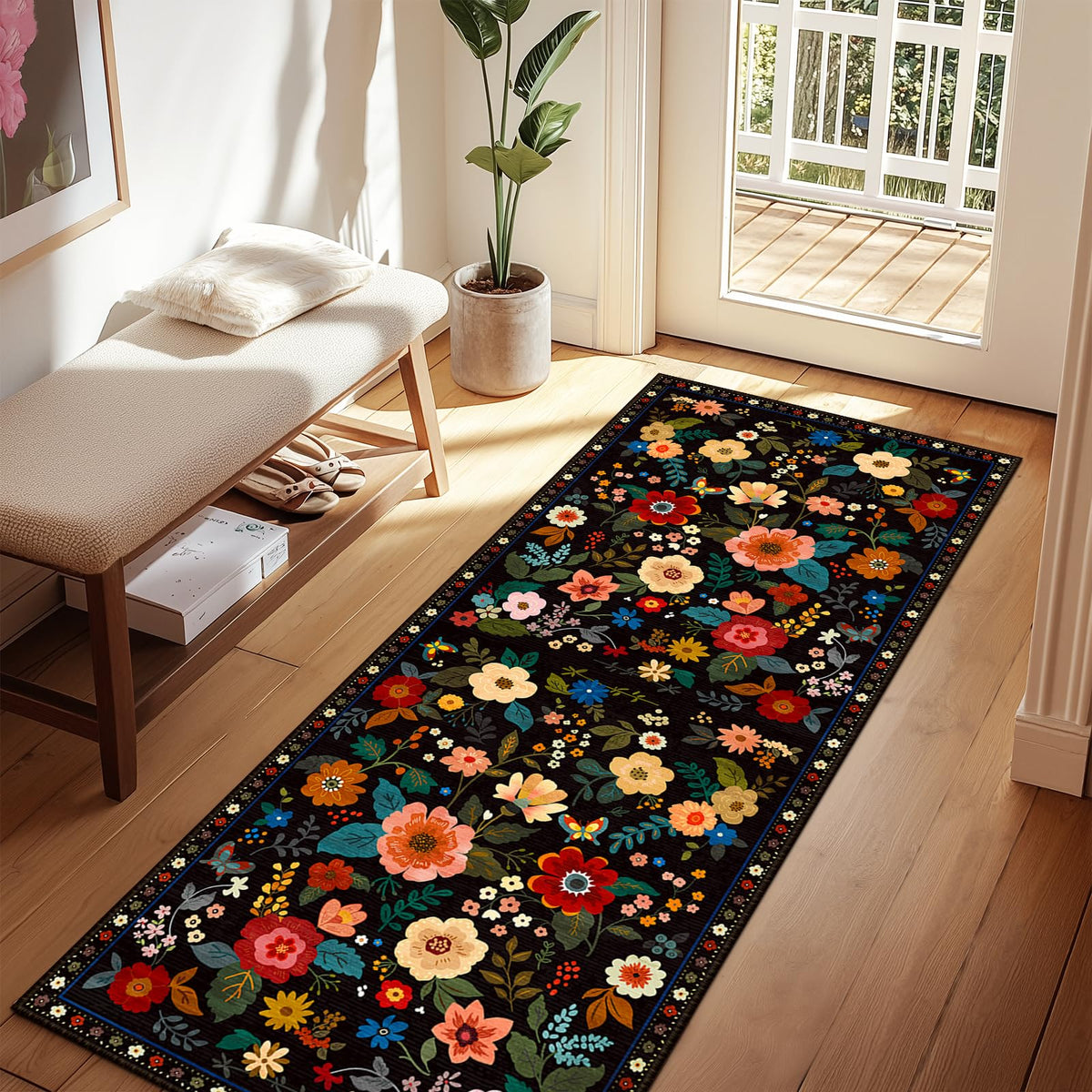 RELEANY Floral Washable 5x7 Area Rugs Black | Flower Carpet, Print, Boho, Non-Slip, Easy to Clean, Soft, Low Pile for Living Room Bedroom Kitchen Office Entryway Hallway