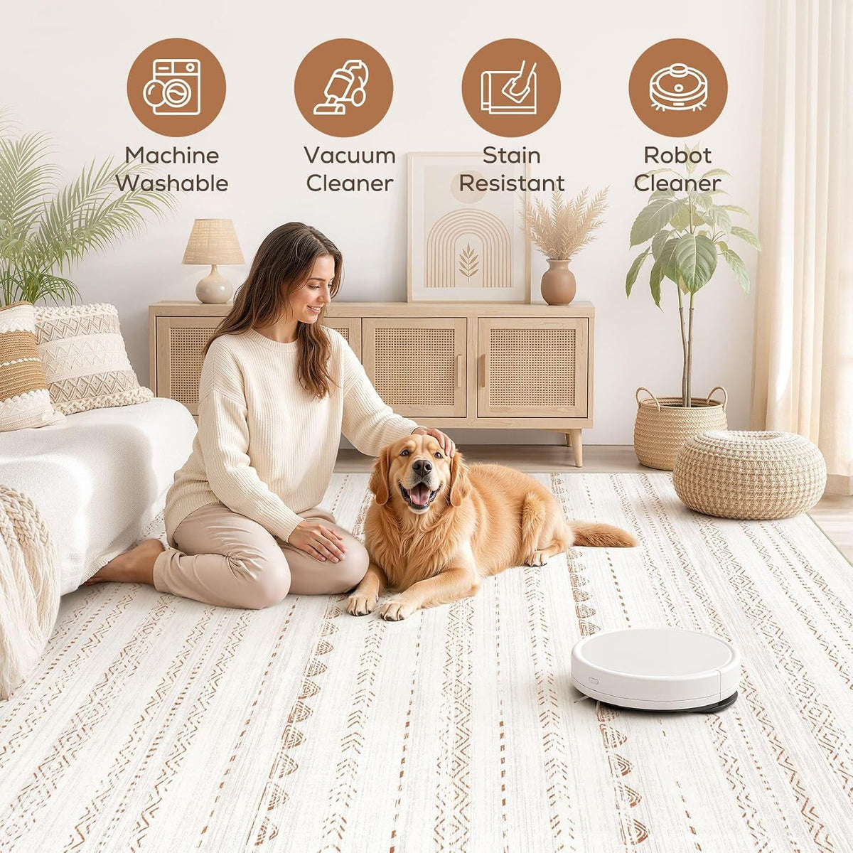 Nakagishi Boho 5x7 Area Rug Living Room Rugs Machine Washable Beige/Brown | Soft, Pet & Kid Friendly, Carpet for Living Room/Bedroom/Office/Kitchen/Nursery, Daily Home Decor Stain Resistant Moroccan
