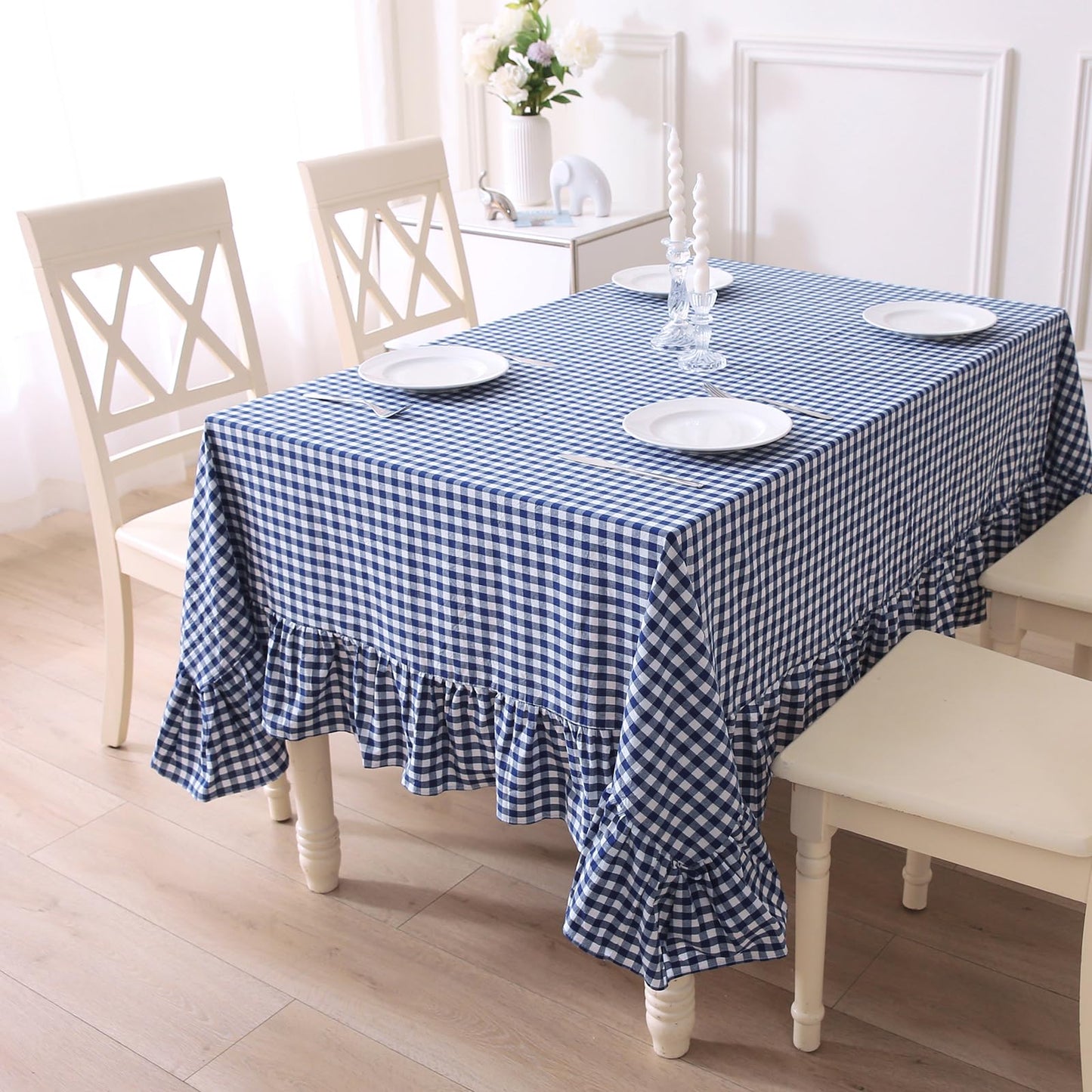 Blush White Gingham Ruffled Table Cloth Rectangular 120“x60” | 100% Washed Cotton, for Seat 8-10, Buffet Picnic Baby Shower Party Tablecloth, Decorative Checker Plaid Farmhouse Table Cover