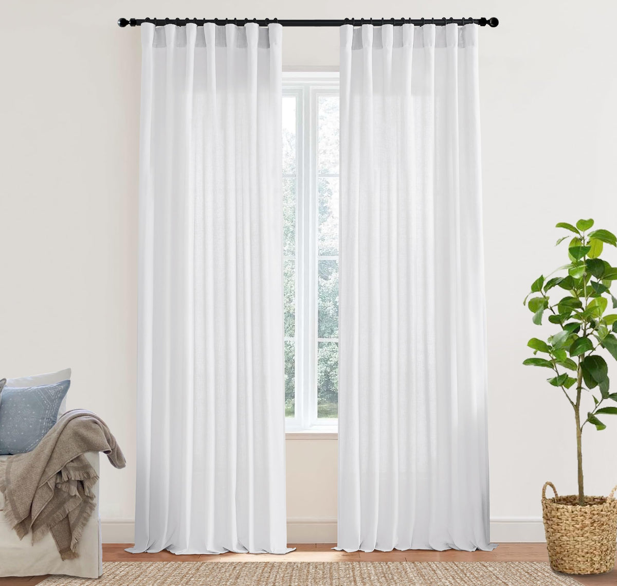 Linen Cotton Curtains for Living Room, Cream Off White Natural Fabric Light Filtering Semi Sheer Curtains 84 Inches Long, Ivory Pleated Farmhouse Curtain Drapes 84 Inch Length 2 Panels Set Dining Room