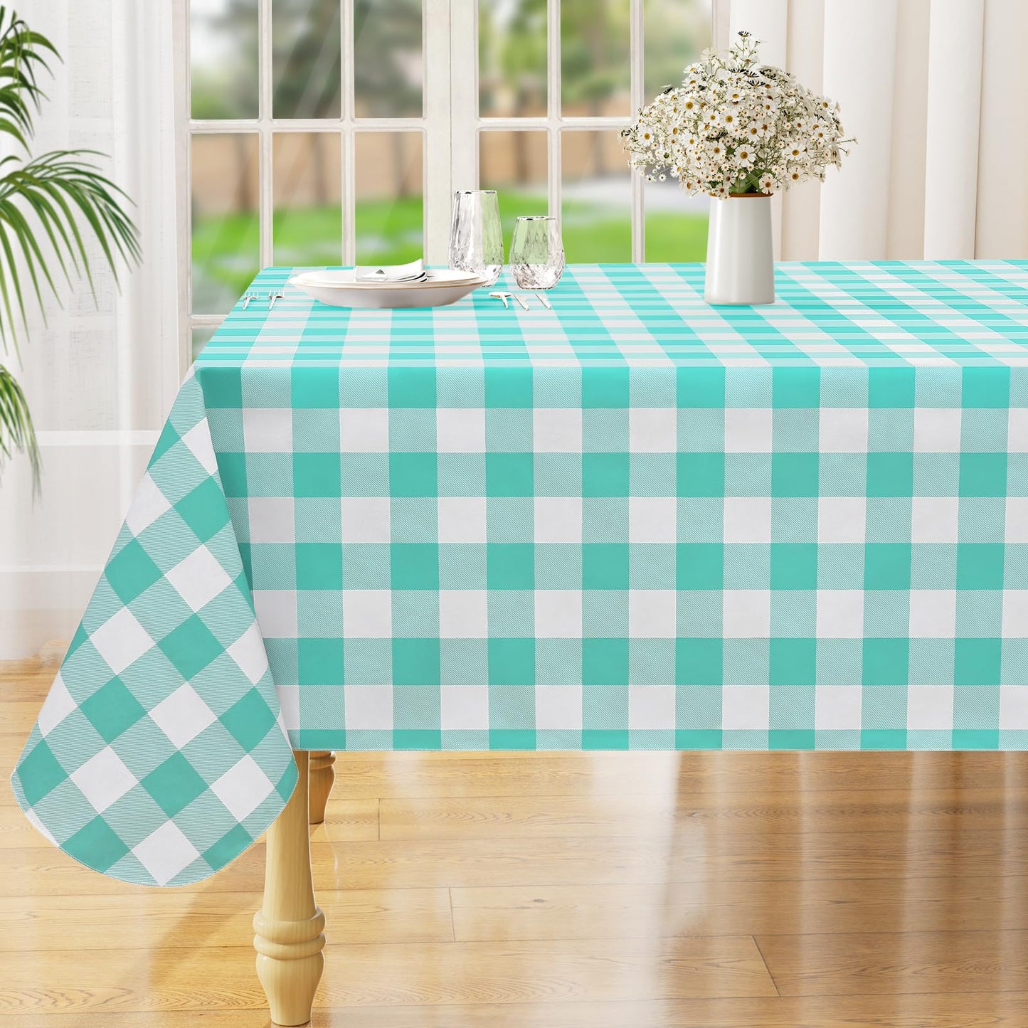 Rectangle Waterproof Vinyl Table Cloth, Buffalo Flannel Backed Tablecloth, Wipeable Plastic Table Cover for Dinner, Kitchen, Outdoor (60" x 84", Black and White)
