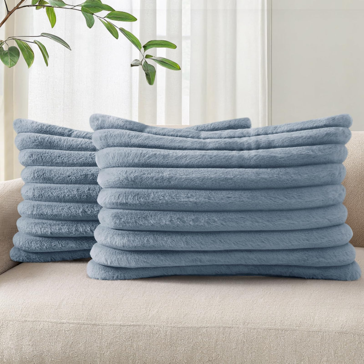 Pallene Faux Fur Decorative Throw Pillow Covers 18x18 Set of 2, Cream White | Luxury Plush Texture, Striped Design, Cozy Soft Touch, Modern Home Accent Decor for Couch, Sofa, Bed, Living Room