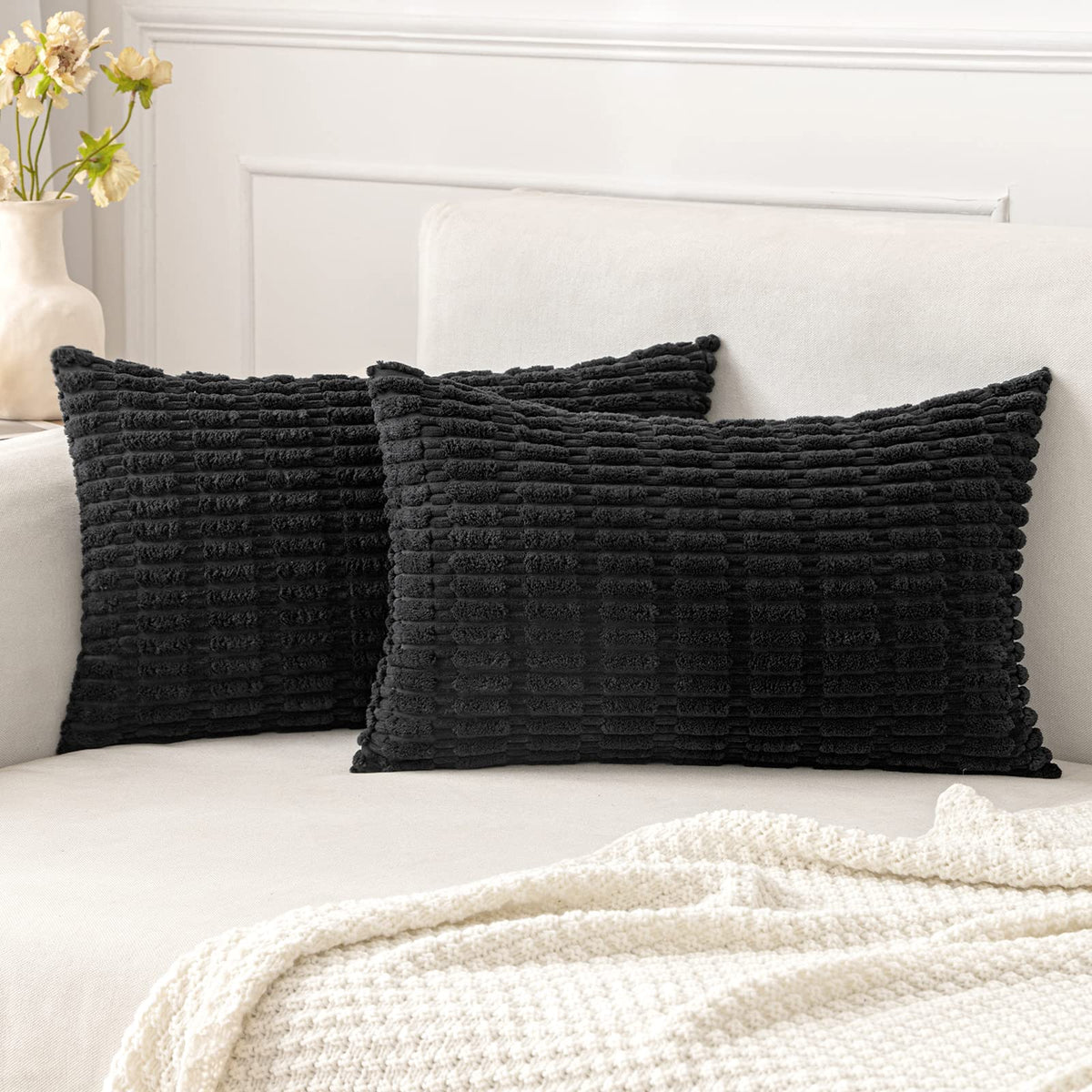 MIULEE Corduroy Decorative Throw Pillow Covers 18x18 Cream White Pack of 2 | Soft Boho Striped Pillow Covers Modern Farmhouse Home Decor For Sofa Living Room Couch Bed